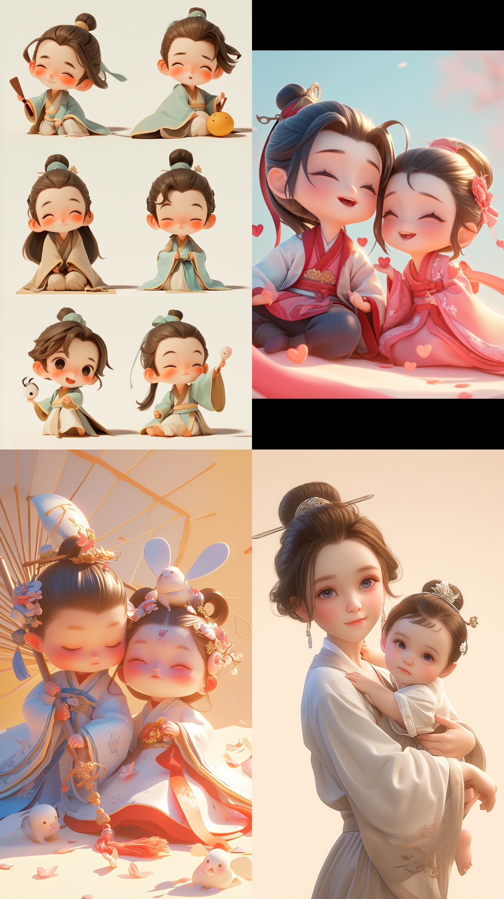 a super cute couple of babies wearing hanfu with various sweet expressions and poses, in a cartoon style, super high definition, created with c4d for a 3d effect, showing the elegance of hanfu, with bright and soft colors, and a sense of tenderness and love, emoji set that is extremely charming