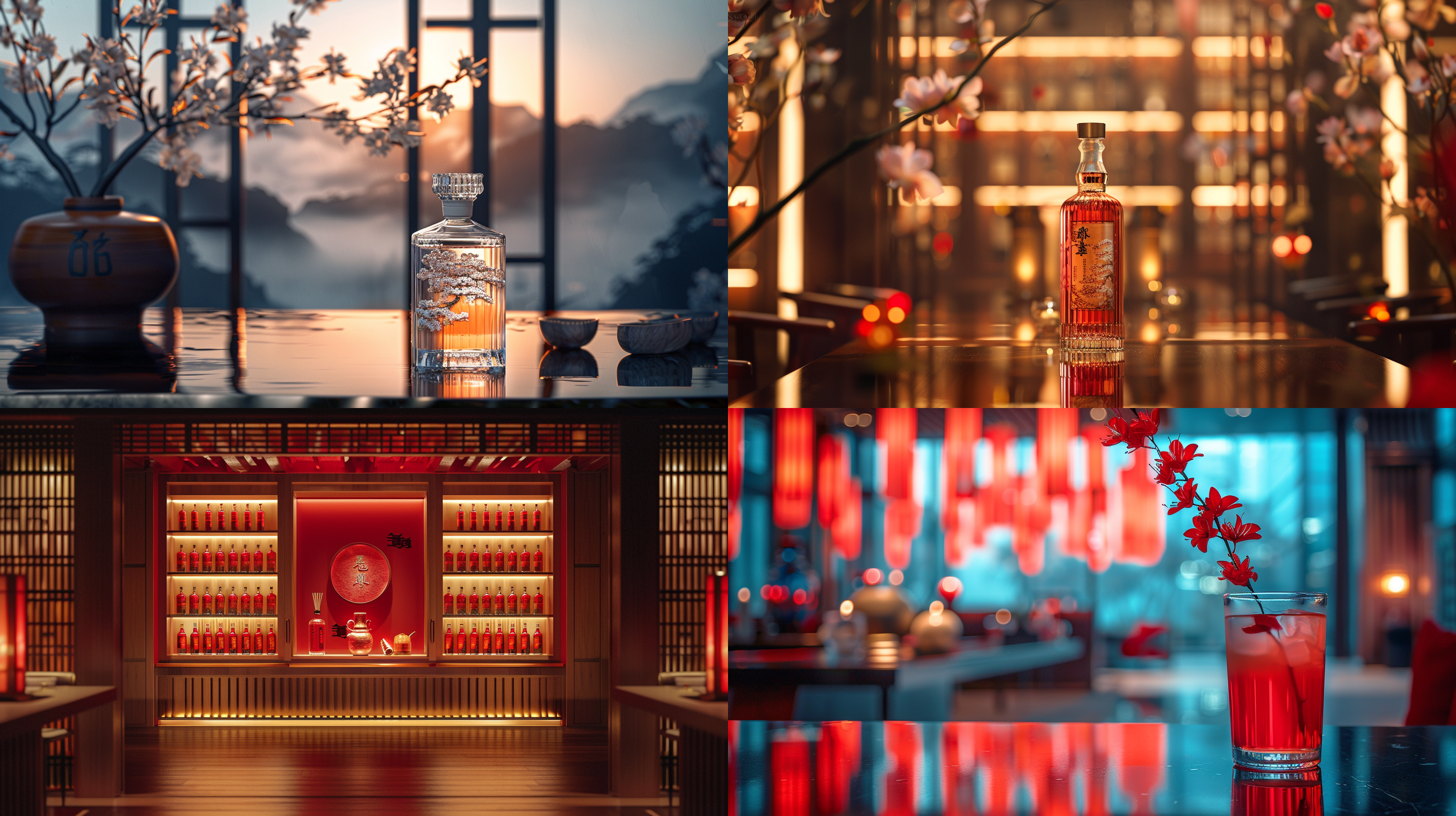 白酒发布会海报，现代简约风格，宴会厅背景，高光对比，冷色调，长焦镜头，正面光，慢快门，静态，优雅，自信。