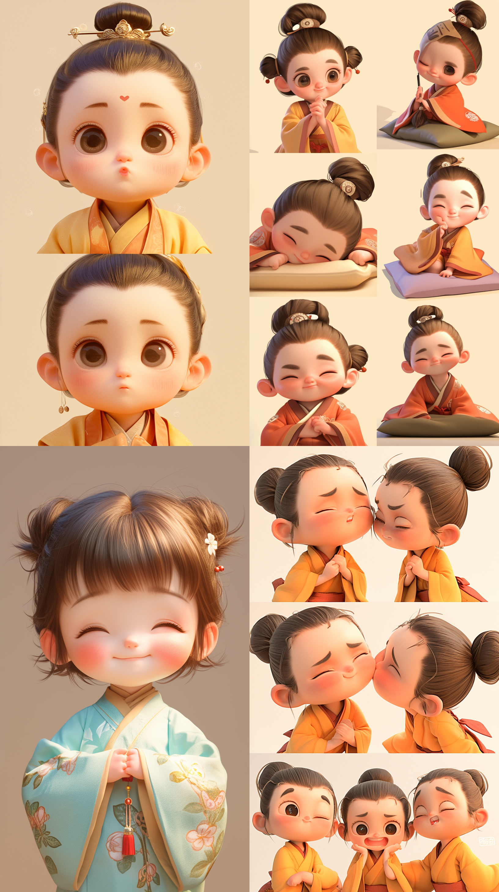 a super cute couple of babies wearing hanfu with various sweet expressions and poses, in a cartoon style, super high definition, created with c4d for a 3d effect, showing the elegance of hanfu, with bright and soft colors, and a sense of tenderness and love, emoji set that is extremely charming