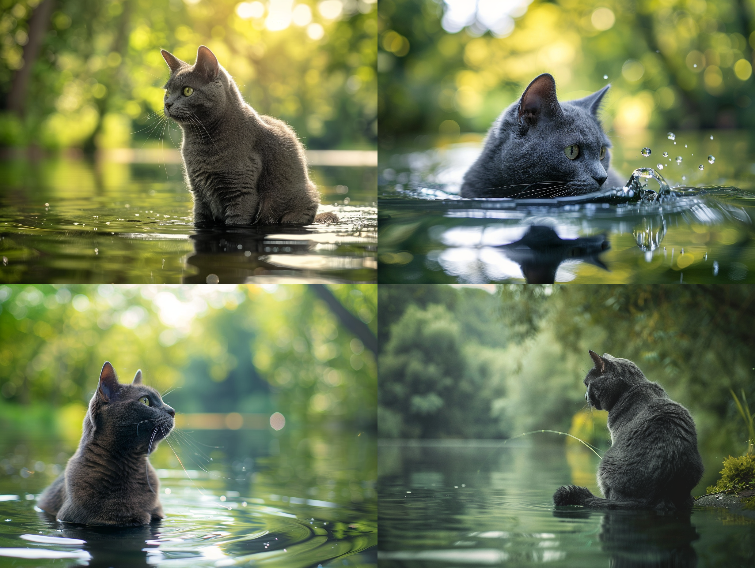 灰色沙特尔猫钓鱼，湖边静谧，绿树环绕，低角度拍摄，自然光，长焦镜头，柔和色彩，专注表情，平静氛围，慢快门，水波纹。