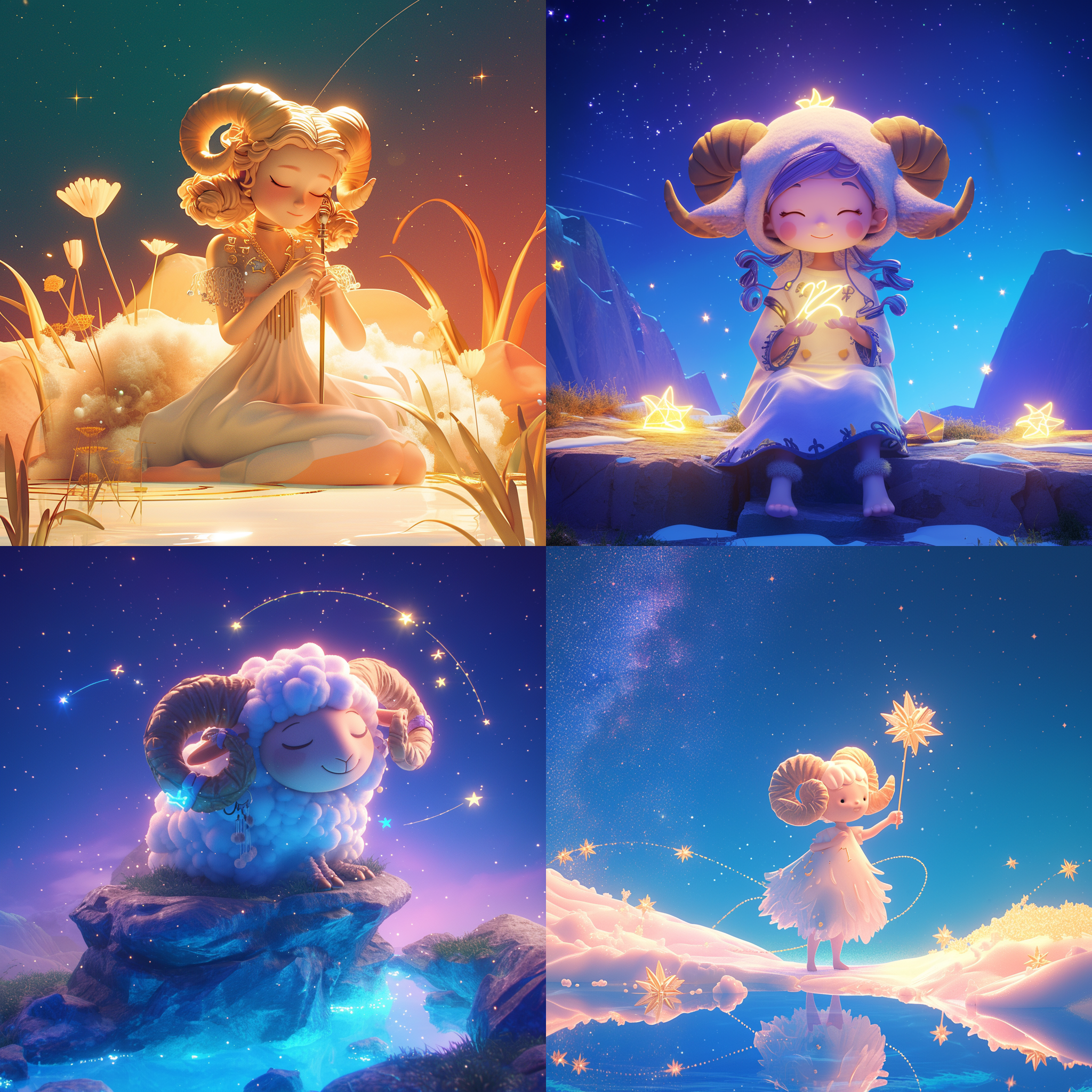 白羊座符号，梦幻场景，星空梦境，黏土动画风格，卡通符号，c4d，oc渲染器，全身细节，电影级灯光，自然光，梦幻装扮，动作捕捉，高清纹理。