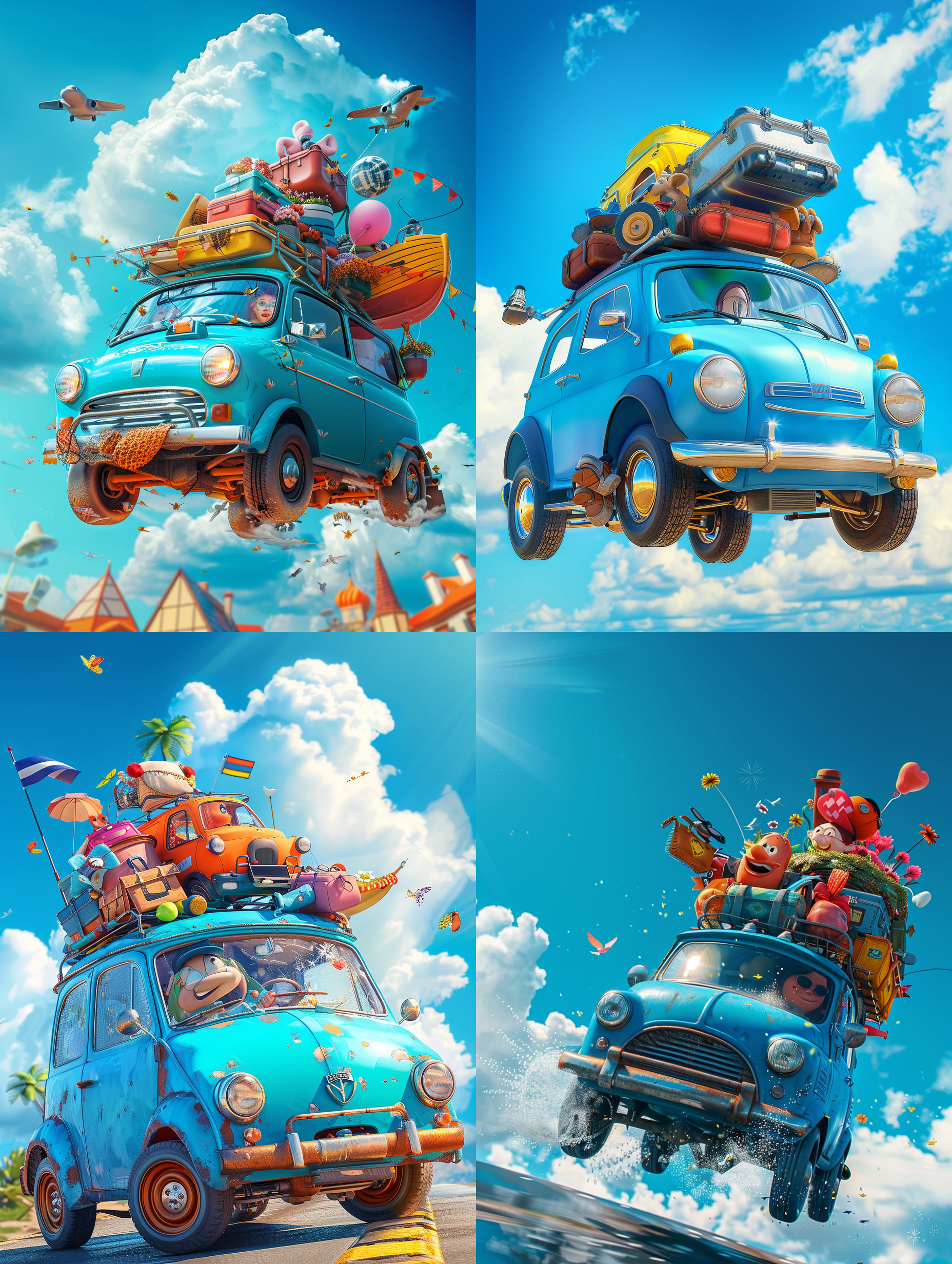 春季旅行季海报封面，蓝色小车载着旅行装备，蓝天背景，3d皮克斯风格渲染，色彩鲜艳，高饱和度，全身肖像，动作夸张，氛围活泼，皮克斯风格