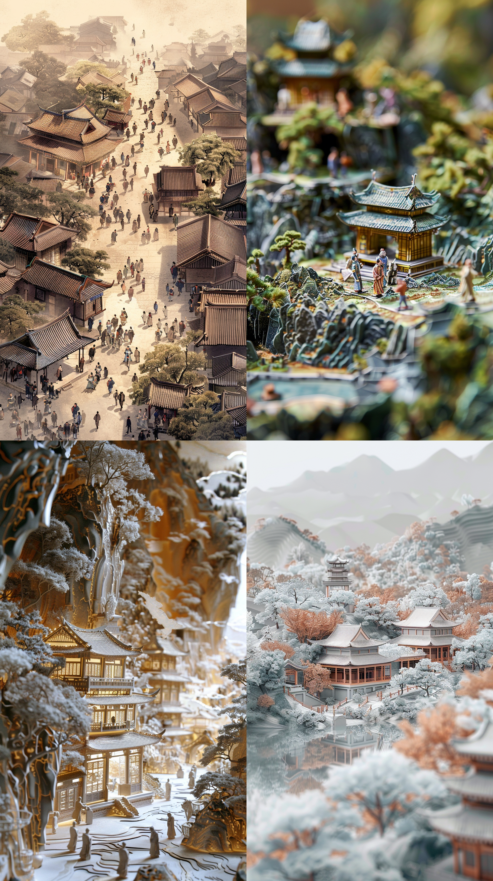 unfolded scroll, engraved paper painting, miniature landscape, featuring people and buildings from the wei and jin dynasties standing in the painting, ancient style, moving axis photography, central luminescence, fluorescence, 3d art, c4d, light background color, high-definition image quality, and chinese style art