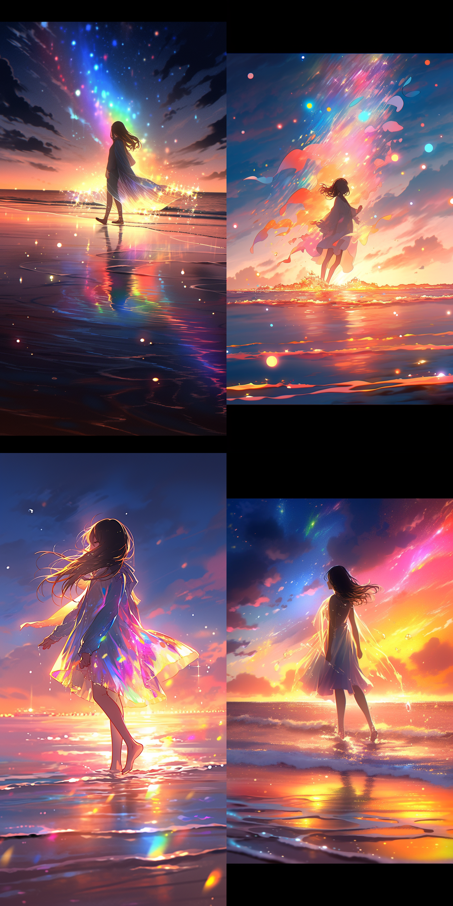 a girl walking on the beach, colorful lightpainting in the ethereal and dreamy stylerainbow core, colorful ink,dazzling colors,glowing shadows, rainbow background,glowing waves in the style of rainbow colors