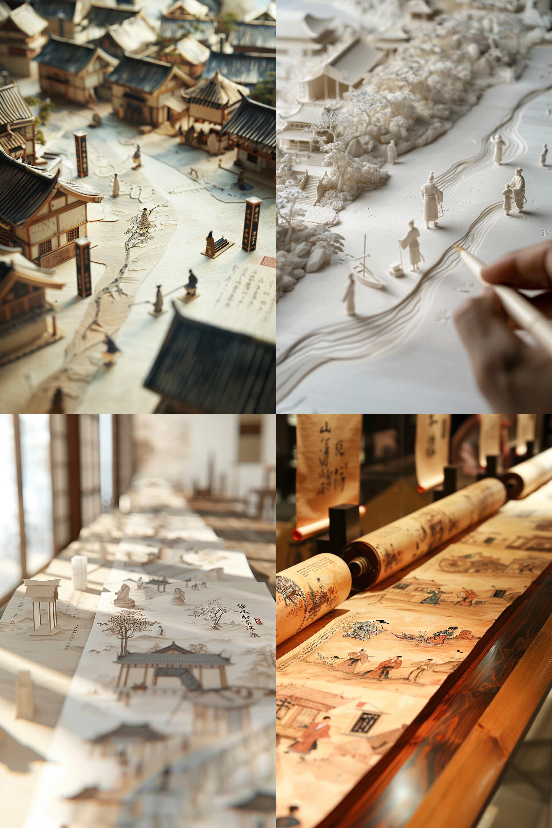 on the desk, there is a picture scroll that has been opened. the ancient people and streets carved out on the scroll are slightly three-dimensional like paper lamps, rolling up long ripples. the scroll is like silk, very soft and transparent, with complex lighting. at one end of each sheet, there is a blank space filled with calligraphy characters. miniature landscape, high-definition, ultra wide angle, depth of field, utilizing light and shadow. it has a beige color scheme, lightbox, paper material, c4d, light background color, excellent image quality, high detail craftsmanship, ethereal illustrations, and has a traditional chinese animation style