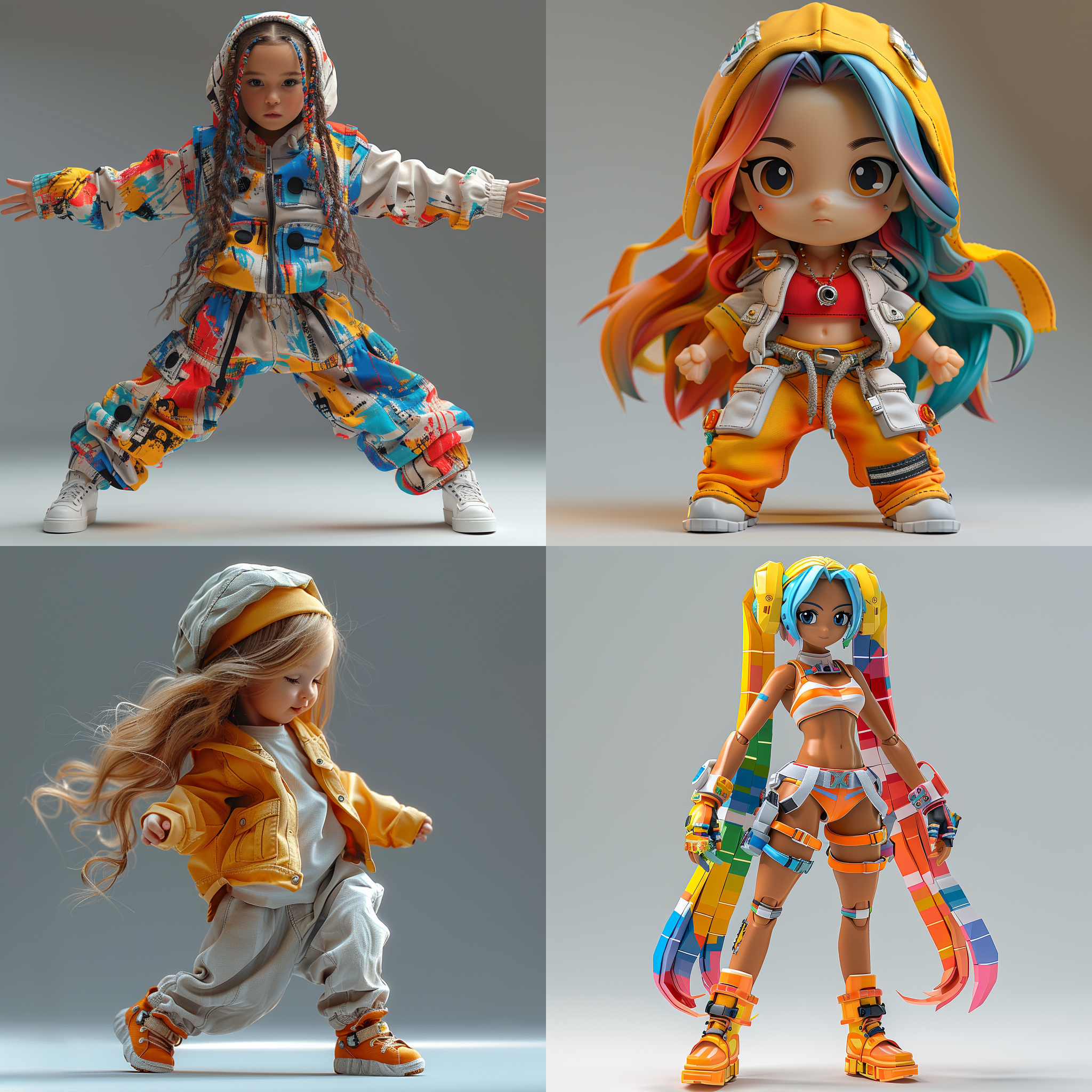 白色背景，泡泡玛特风格，潮玩，侧面，欢快的跳舞，全身，超可爱小女孩，中长发，彩色头发，夏装，模型，ip，光泽材质，干净背景，最佳画质，c4d blander,8k，16k，超清晰细节 模型摄影，正面构图，明亮色彩，生动表情，细节丰富，数字艺术，创意设计，灯光效果，童真情感。