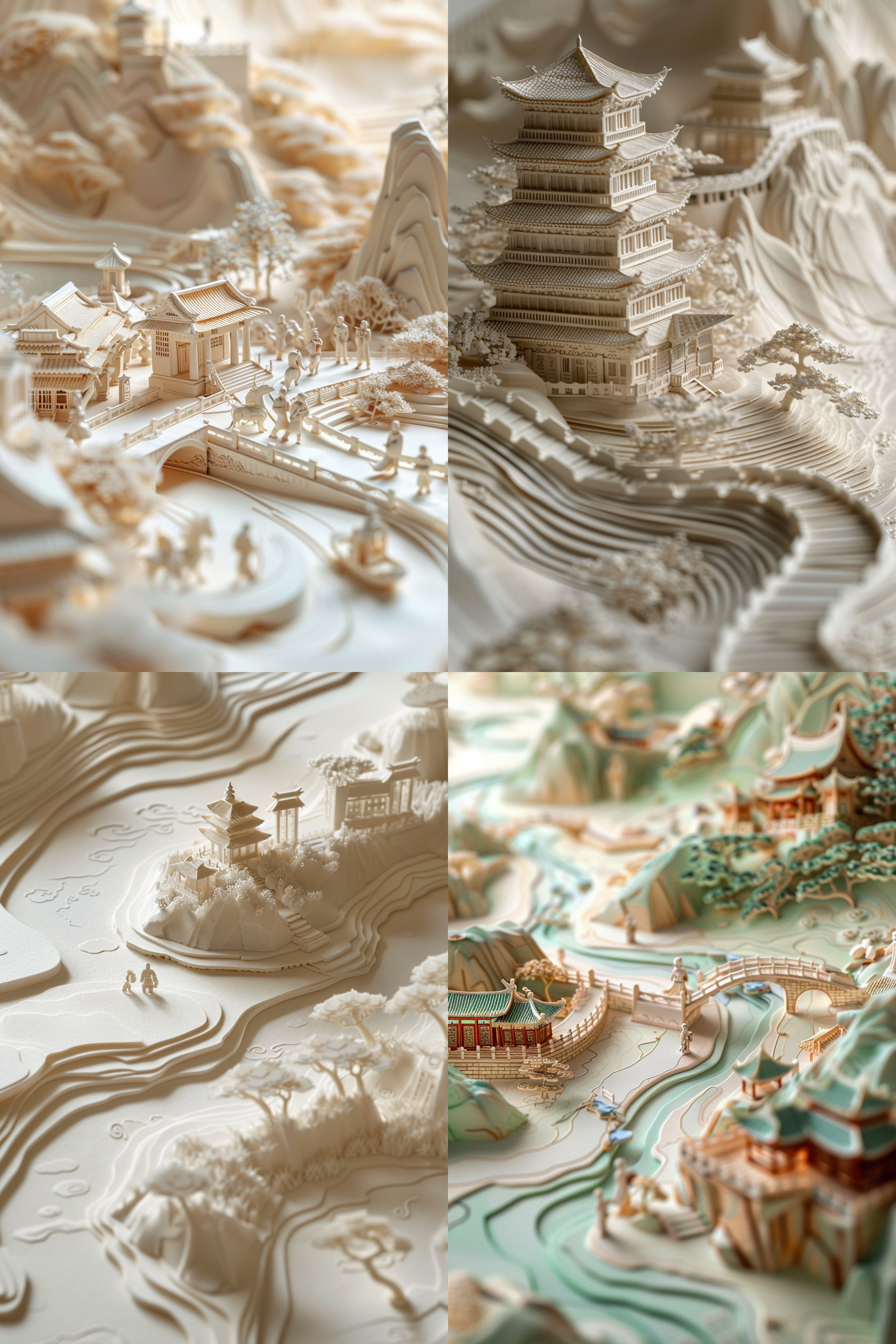 on the desk, there is an open scroll exquisitely carved with figures and streets from the northern and southern dynasties period, with a slight three-dimensional effect, creating long ripples. the canvas is like silk, very soft and translucent, . at one end of each canvas, there is a blank space filled with calligraphy. paper quilling art, miniature landscapeutilizing light and shadow，hd details，minute details，clear presentation，complex scenes，fine model，embossed，surrealdreamland，whimsically，hyper quality，high detail，hyperrealism，3d rendering，global illumination，low angle shot，texture light，rim lighting，close up，focal point composition，bioluminrscent，ancient chinese style，emissive material . it has a beige color scheme, lightbox, paper material, c4d,pearlescent texture， light background color,excellent image quality, ethereal illustrations,exquisite and a traditional chinese animation style