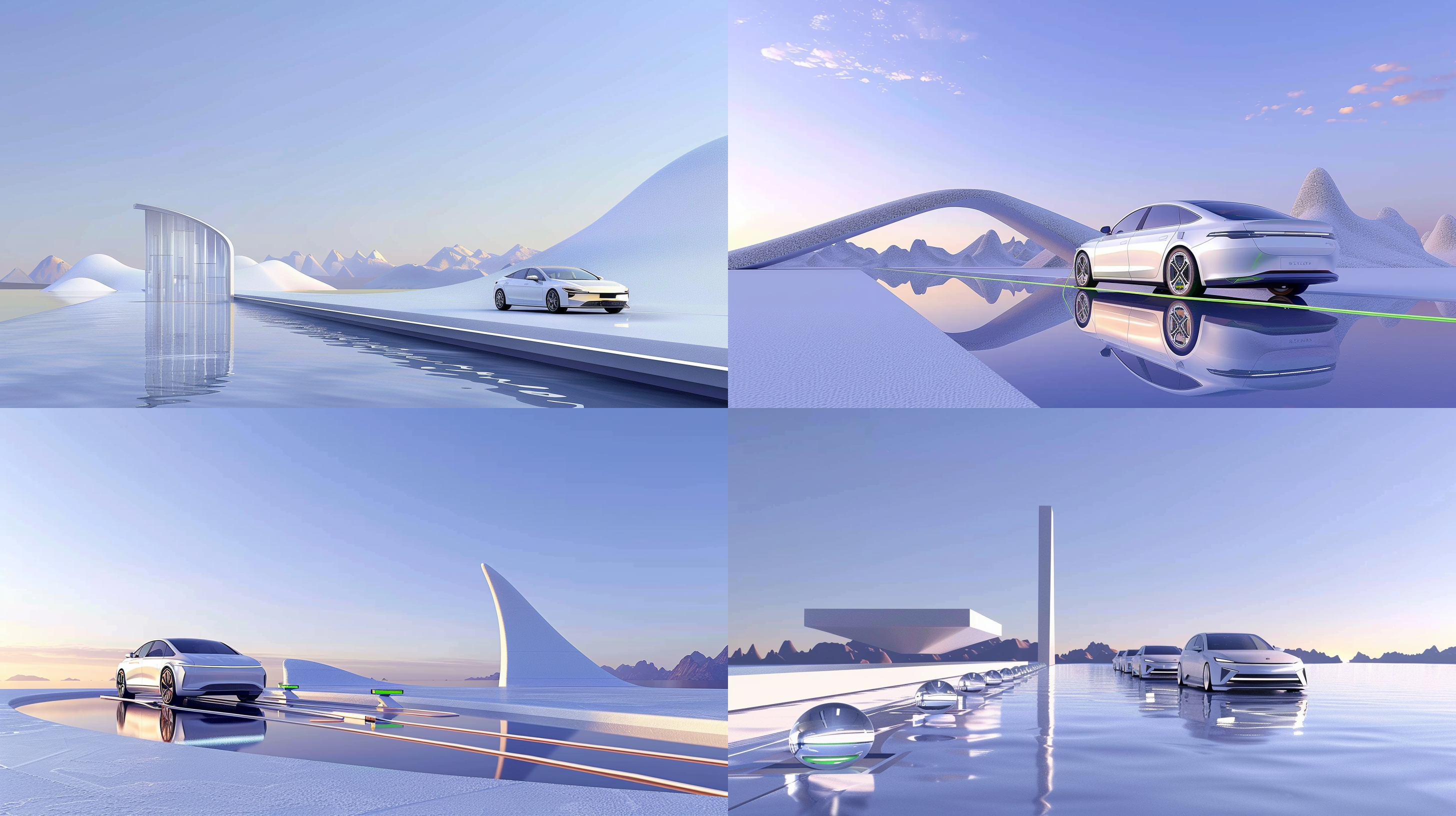 新能源车充电，水面背景，科技感，长曝光，充电桩细节，对称构图，低角度，充电线流动效果，静谧，未来感，冷色调，夜景，led灯光，反射，慢快门，现代建筑。 冰雪王国 三维 全景 白金 北极背景 紫罗兰 黄金比例构图