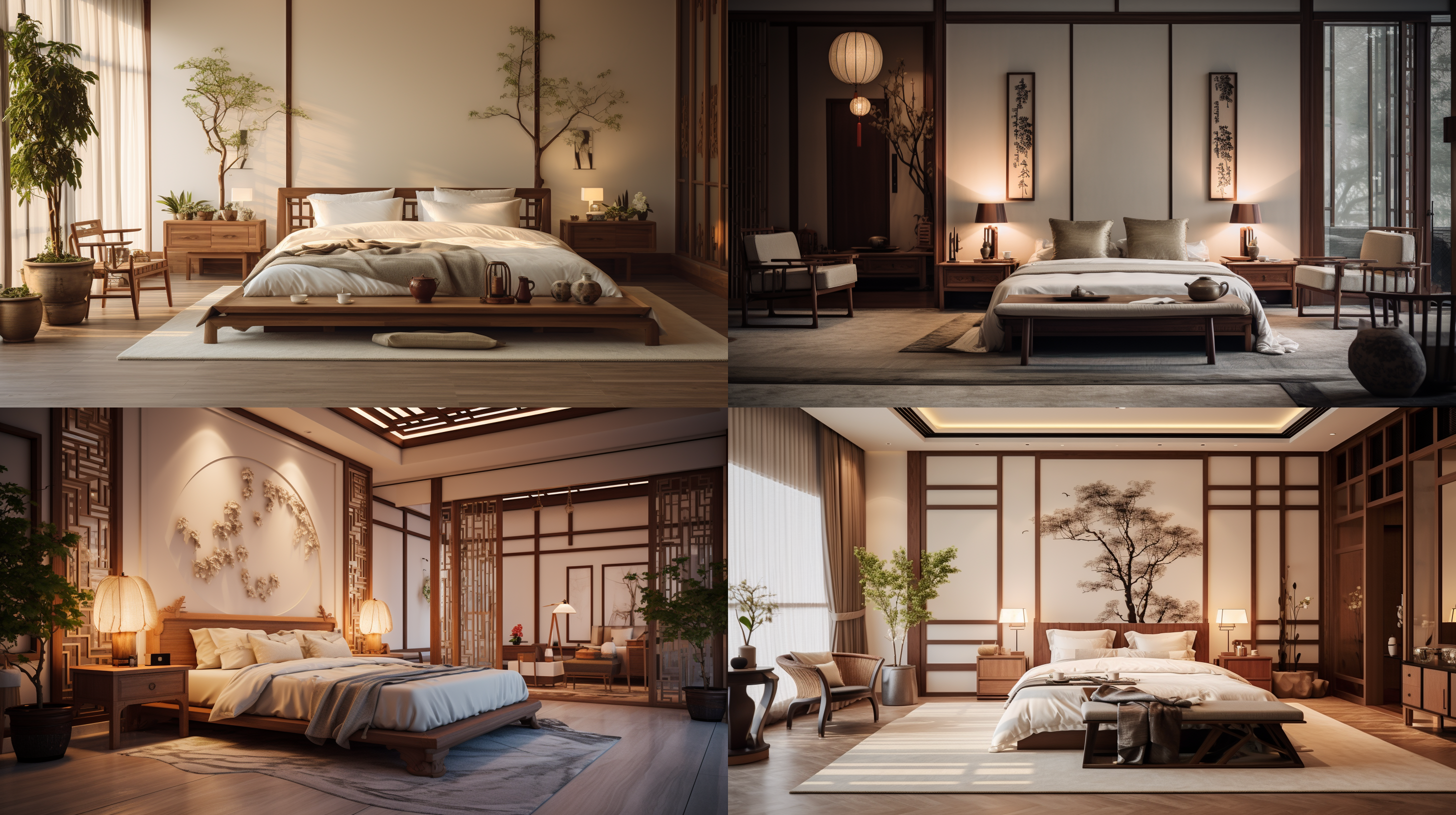 新中式风格卧室，对称布局，木质家具，柔和灯光，暖色调，长焦镜头，室内自然光，静谧，舒适，传统与现代结合，温馨，宁静。 背景虚化 柔光