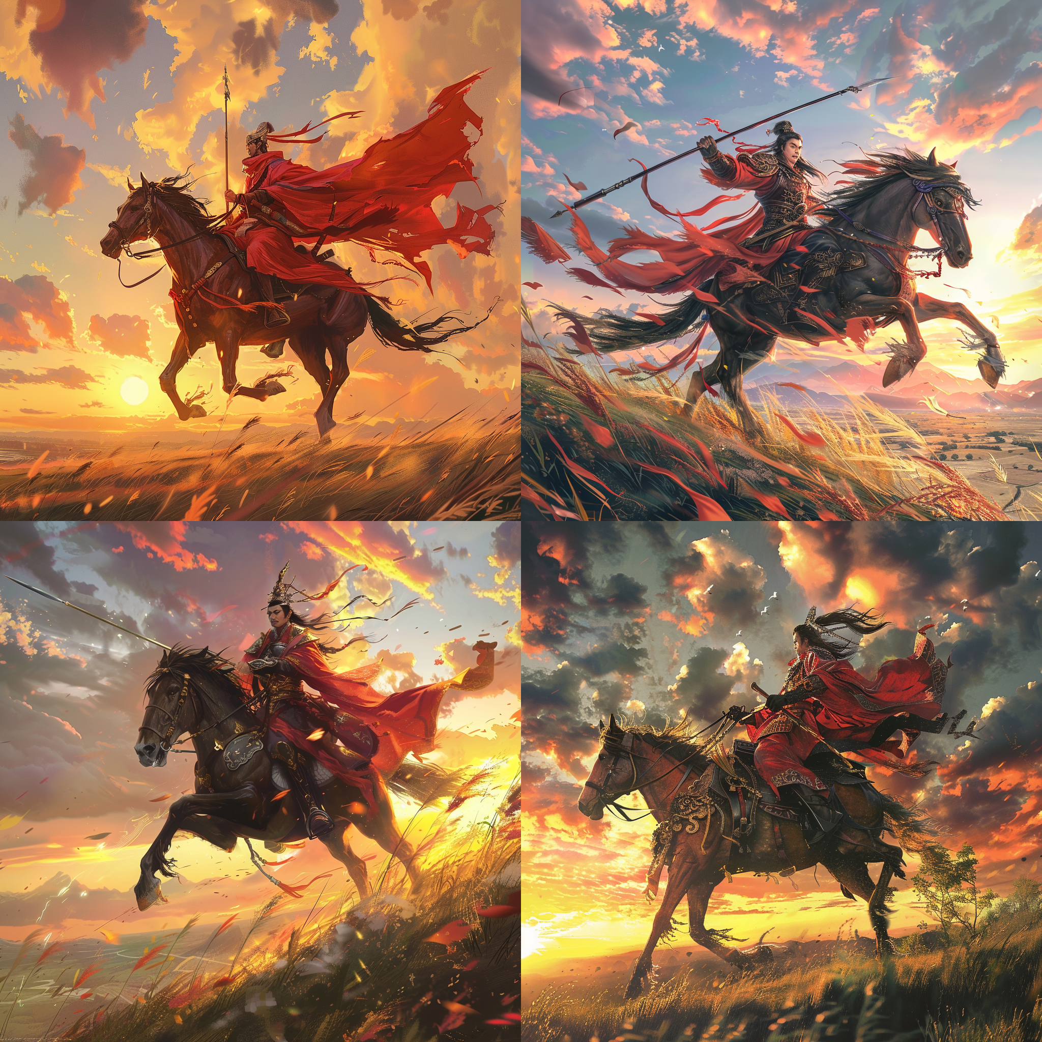 骑马的吕布，1990s动漫风格，宽阔草原，夕阳背景，吕布英勇，红袍飘扬，方天画戟，侧身骑马，眼神坚定，动态捕捉，高饱和色彩，光影对比强烈。