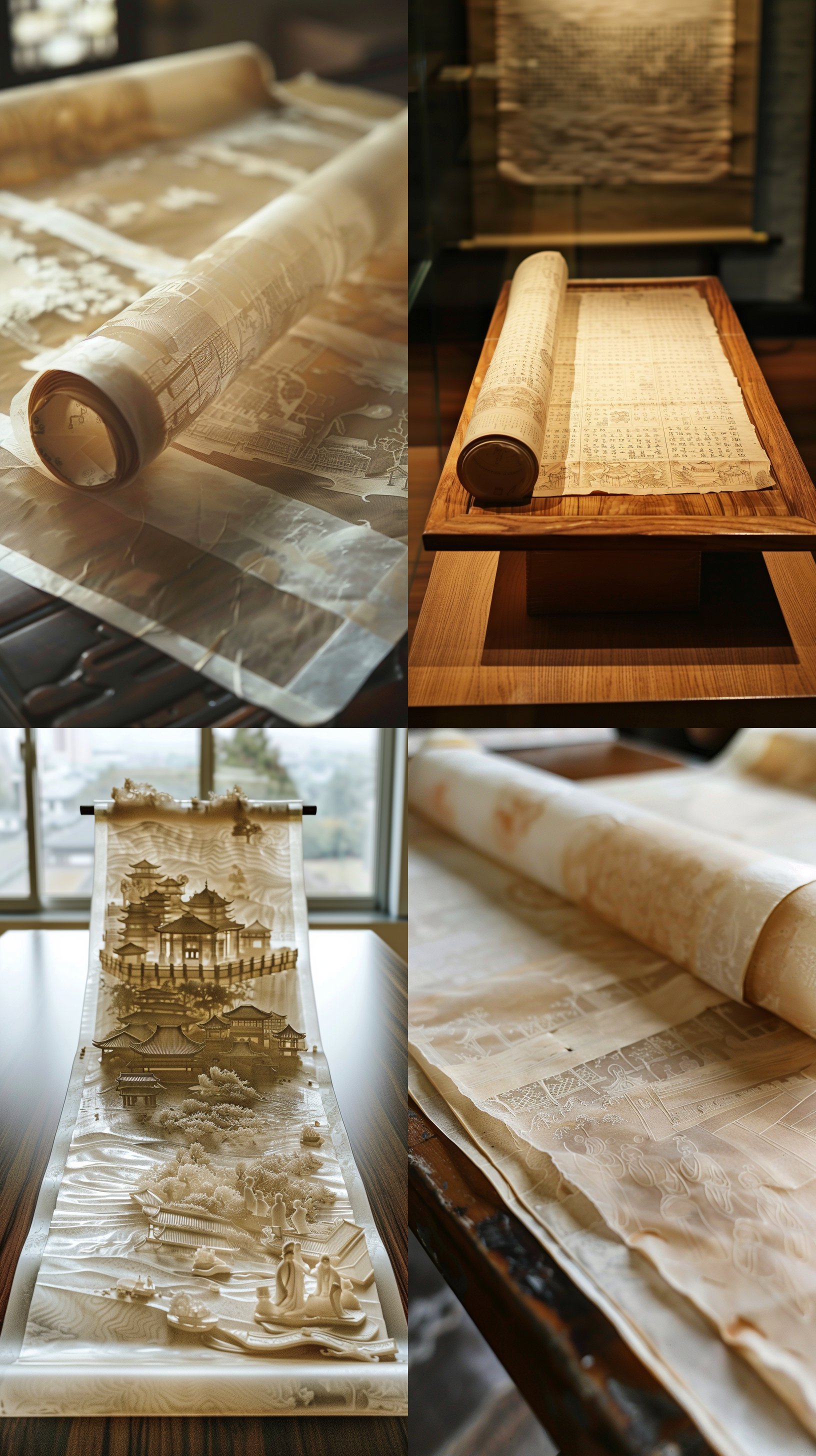 on the table, there is a chinese style scroll that is half rolled up and half opened, with long ripples rolled up, soft like silk, very thin, and translucent. the paper is hollowed out with carvings of people, buildings, streets, etc. from the wei and jin dynasties, scattered on the open scroll, layer by layer. it has a beige color scheme, bioluminescence, paper materials, 3d art, c4d, light background color, excellent image quality, exquisite craftsmanship, ultra wide angle lenses, miniature landscapes, and chinese style art