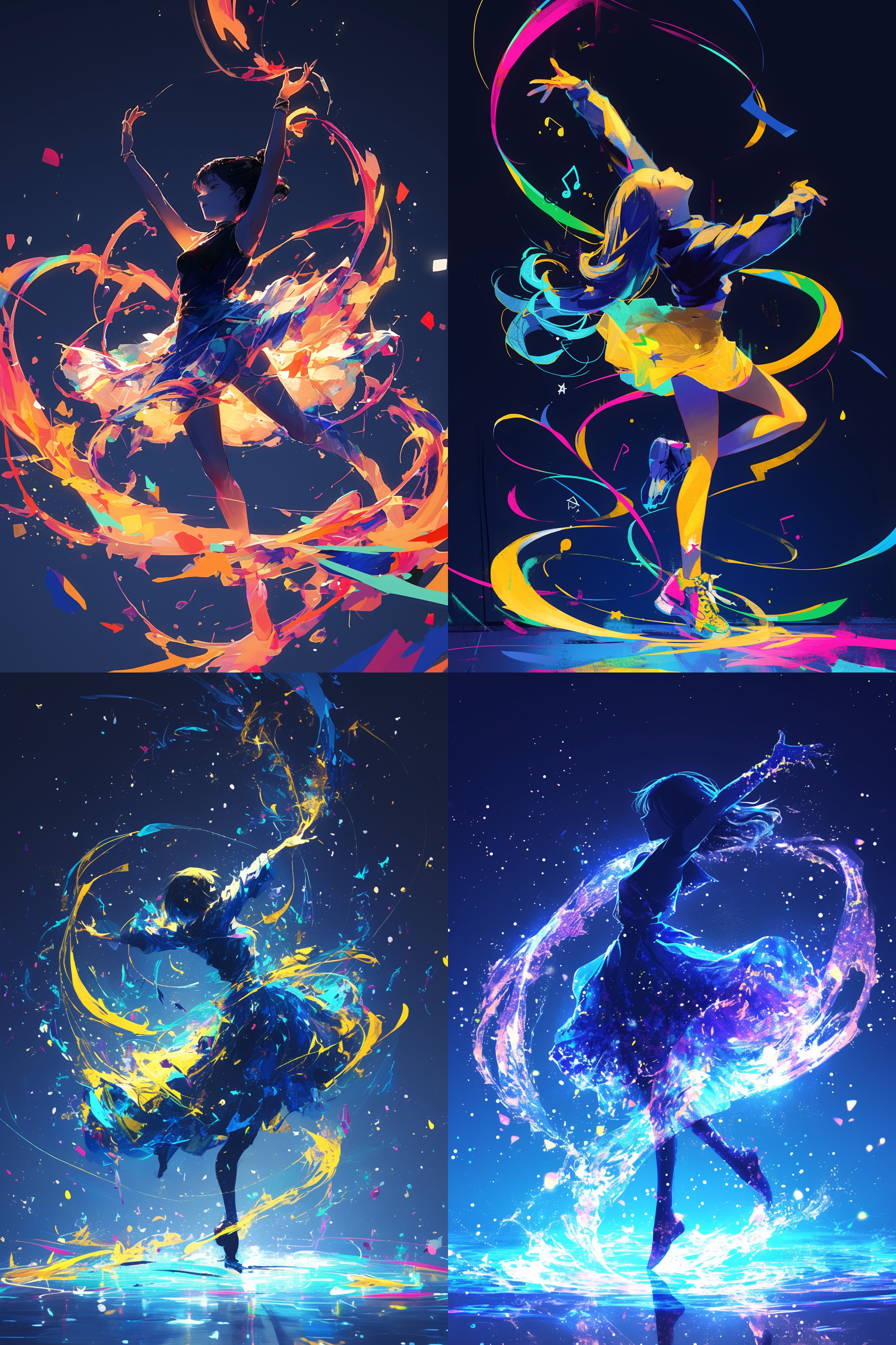 舞动的少女，色彩空间，全身照，逆光，长曝光，动态模糊，鲜艳色彩，抽象背景，轻盈舞姿，表情专注，长裙飘逸，现代艺术风格。