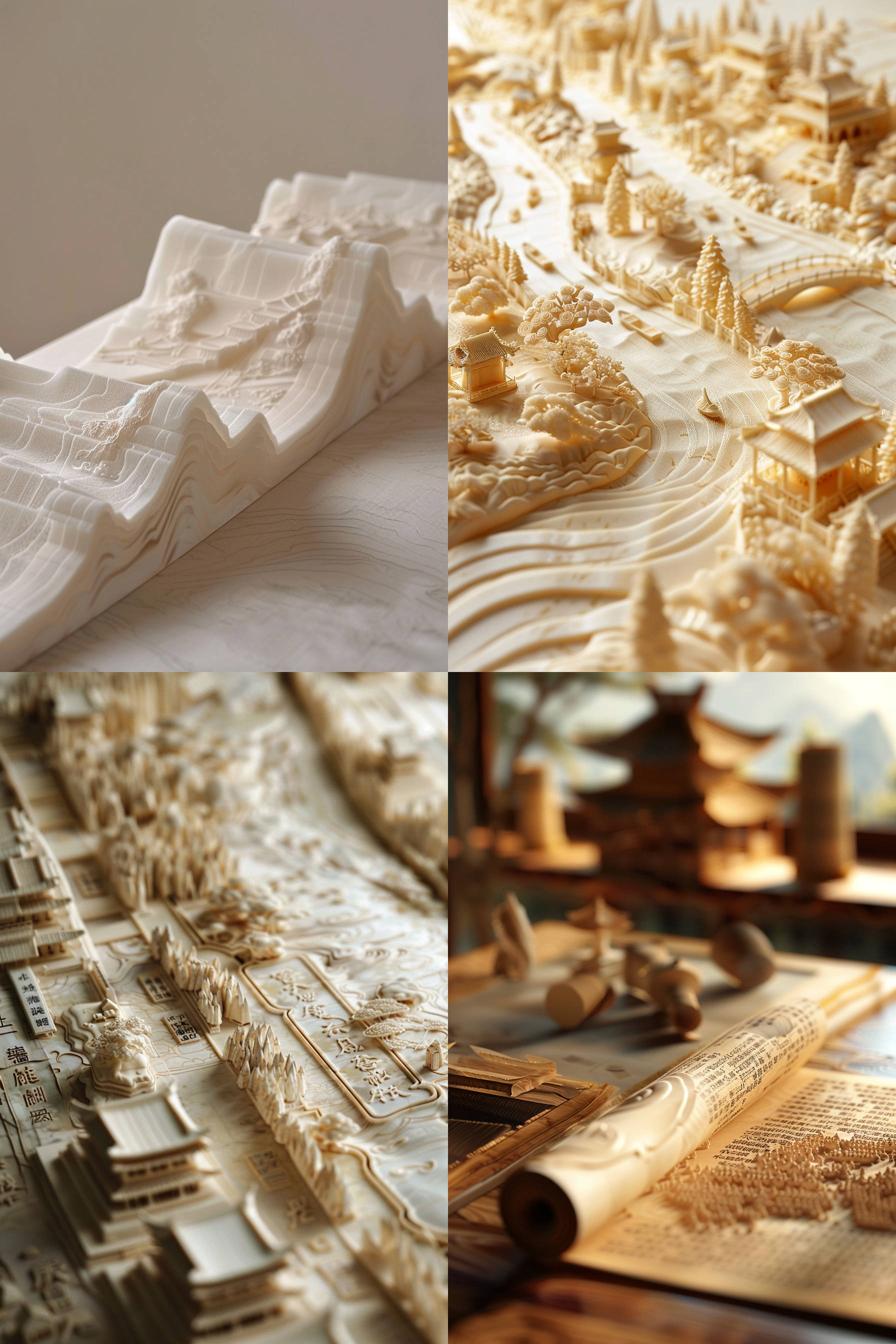 on the desk, there is an open scroll carved with ancient characters and streets, with a slight three-dimensional effect, creating long ripples. the scroll is like silk, very soft and transparent, with complex lighting. at one end of each scroll, there is a blank space filled with calligraphy. miniature landscape, high-definition, ultra wide angle, depth of field, partial close-up, utilizing light and shadow. it has a beige color scheme, lightbox, paper material, c4d, light background color, excellent image quality, high detail craftsmanship, ethereal illustrations, and has a traditional chinese animation style