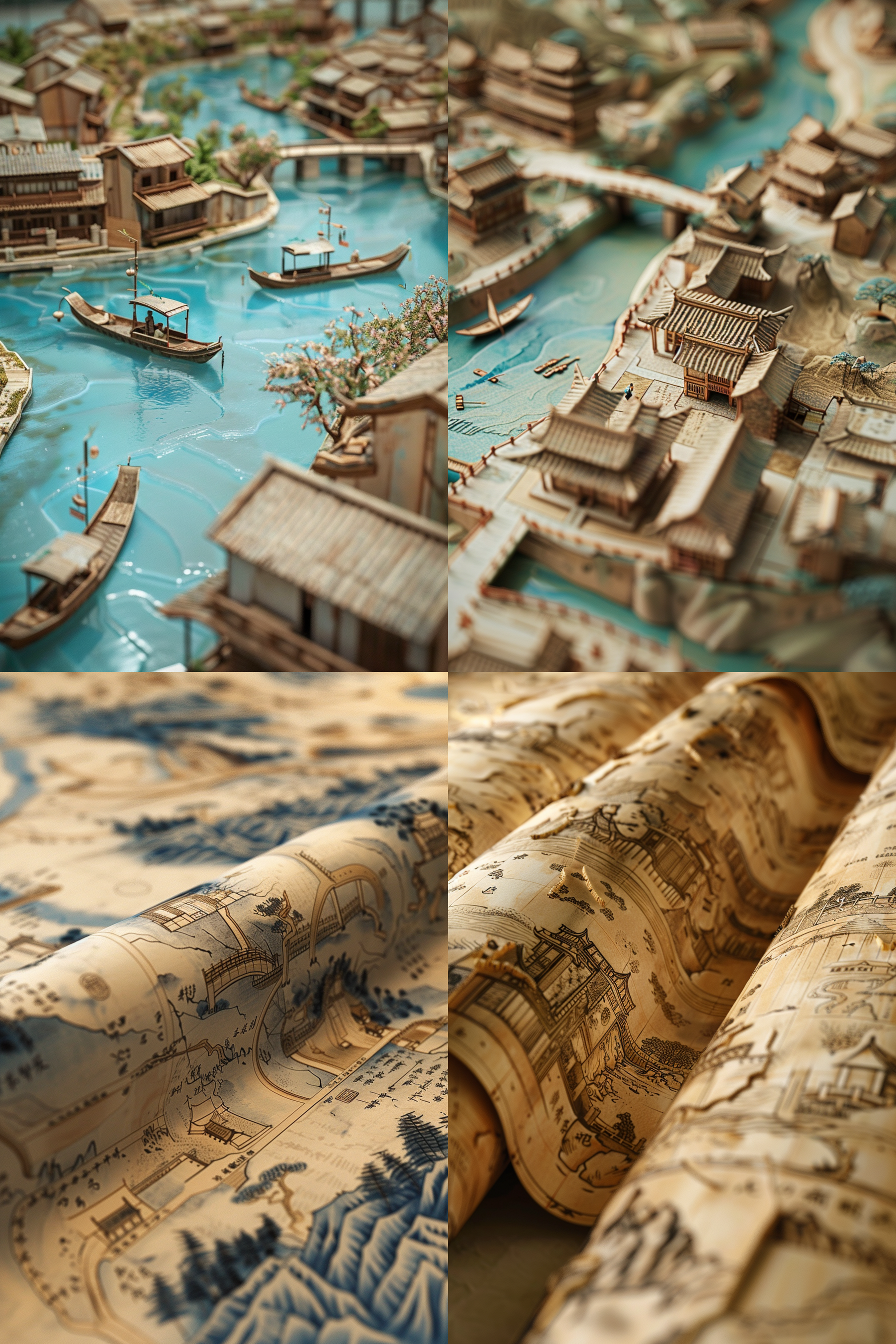 an ancient "qingming river map scroll is opened, you can see the scroll's unopened end, there are three-dimensional characters,buildings, rivers, wooden bridges scattered in the whole scroll, cyan and light beige tones, rich in ancient atmosphere, paper material, 3d art, c4d,light background color, excellent picture quality,fine details, 3d rendering, super wide angle lens.