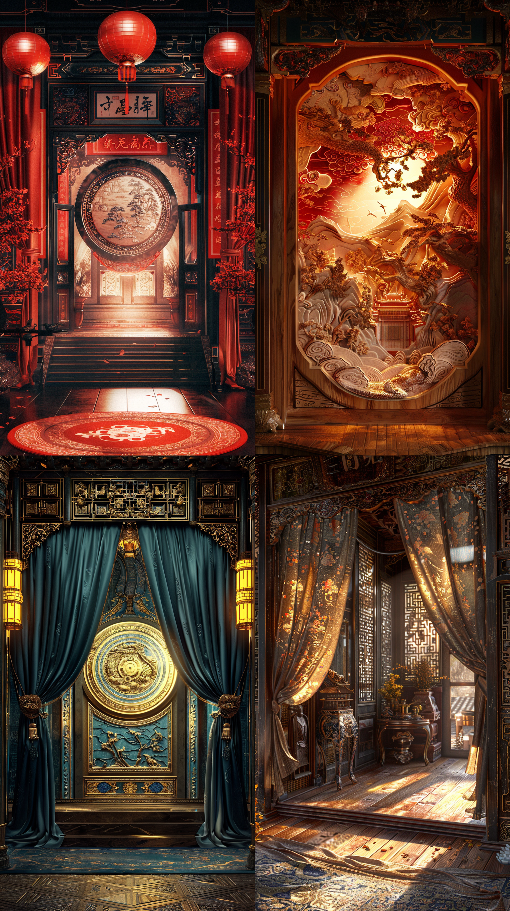 3d ancient style, curtains, gauze curtains, axial photography, paper carving, masterpieces, center glow, fluorescence, luminescence, 3d art, c4d, light background color, grand scenes, high-definition image quality, chinese style art