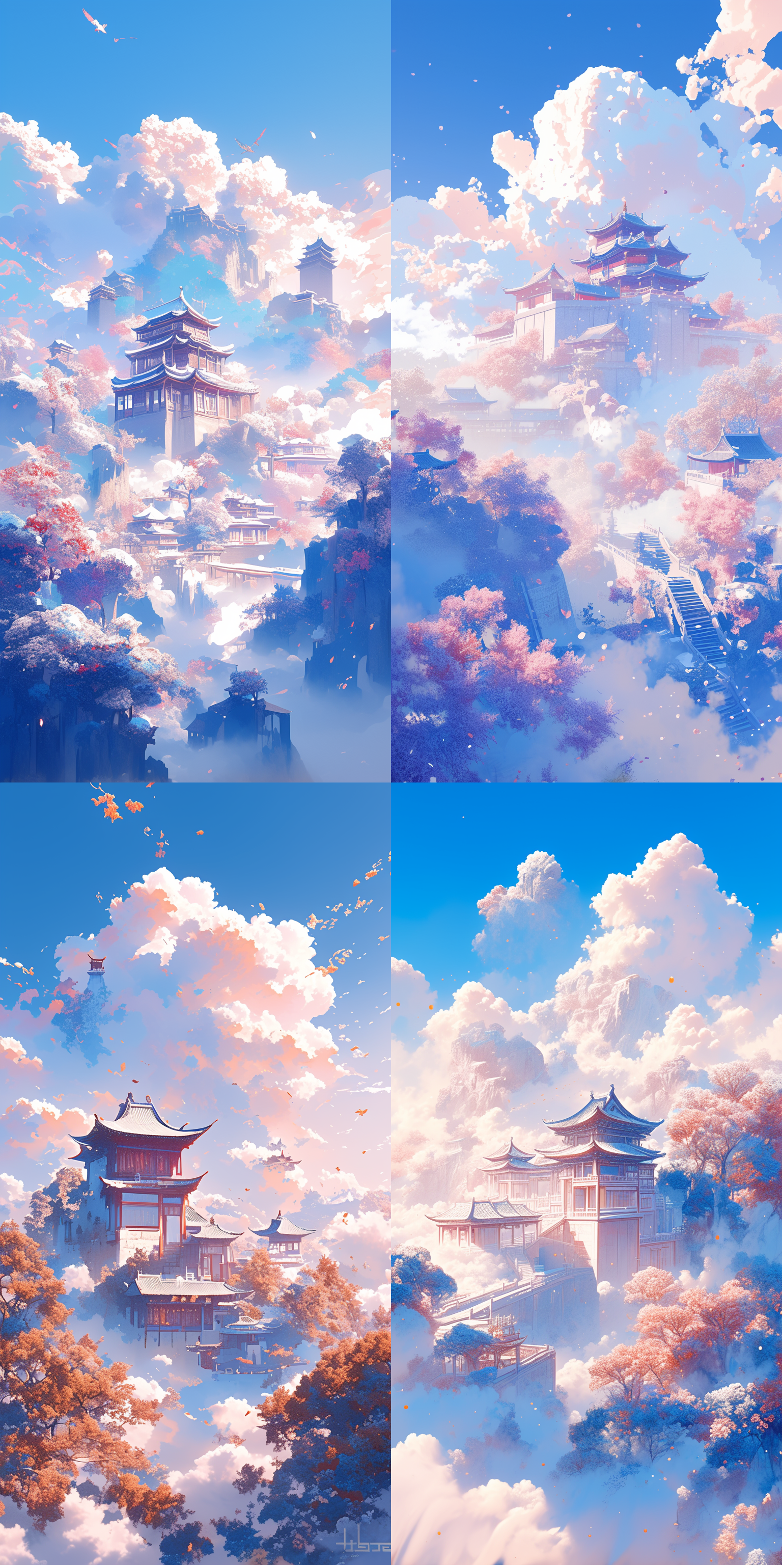 极简风格，点彩技法，3d渲染宋式宫殿，祥云环绕，淡雅色彩，高斯模糊背景，动态模糊效果，陈家泠艺术风格，大面积留白，炫彩光影，内发光特效，静谧氛围。