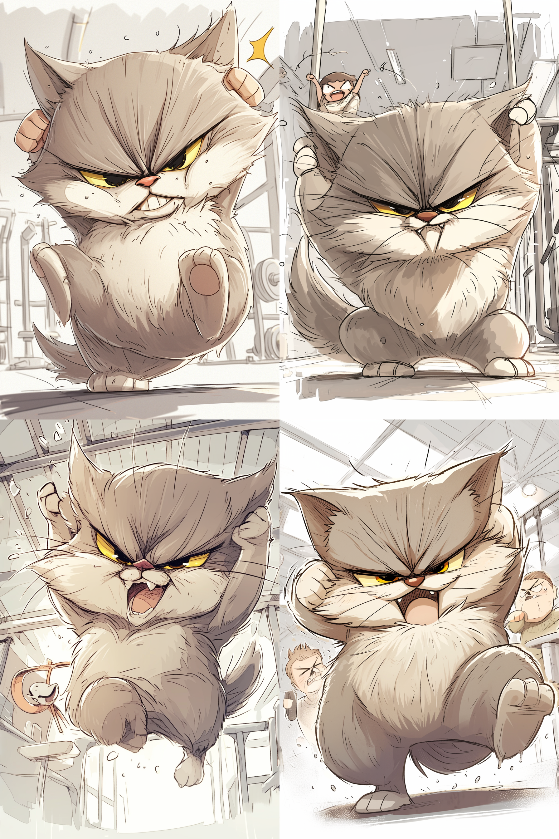 健身动态姿势，多人物，健身房内，活力四射，高光影对比，运动捕捉，快速快门，广角镜头，肌肉线条，汗水，专注表情，动作流畅，金属器械，冷暖色调交错。 卡通 宫崎骏