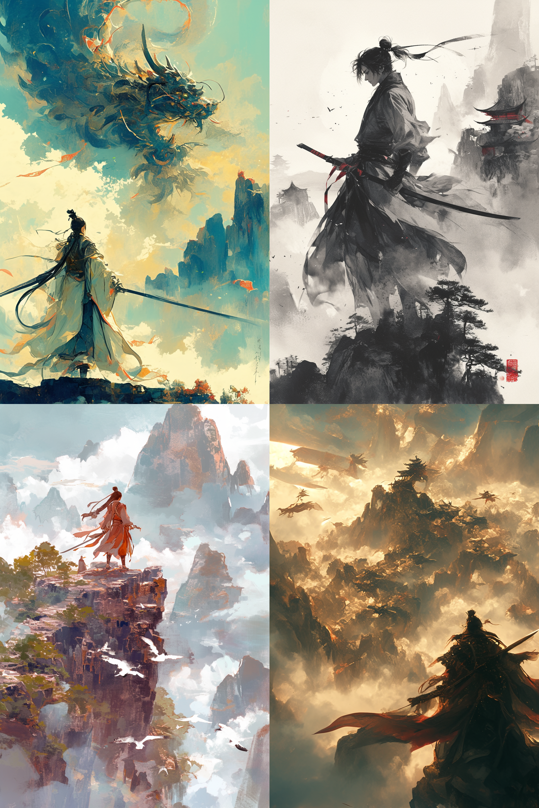 奇幻世界东方起源，神秘古风，仙侠氛围，云雾缭绕山峰，古装人物御剑飞行，长袍飘逸，表情专注，水墨画风，远景构图，柔和光线，低饱和色彩，梦幻般的光影效果，静谧与动感并存，横板，壁纸，oc渲染。