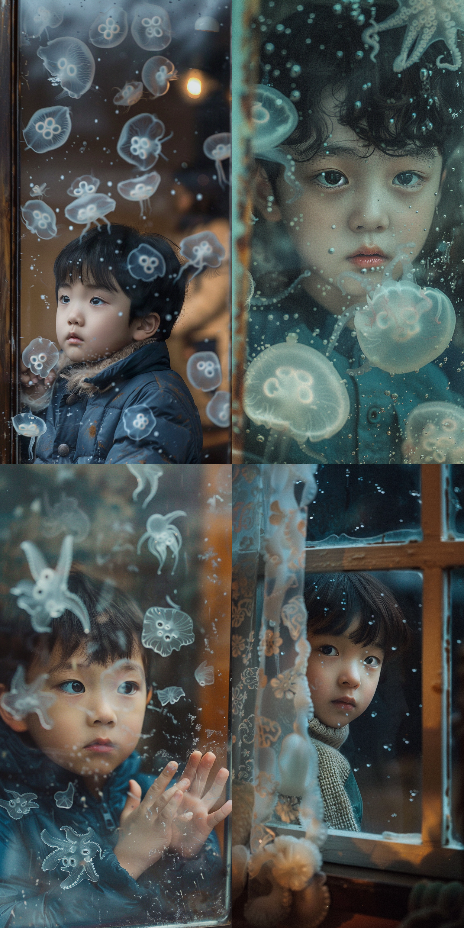 jellyfishes, kim hyun joo, boy staring at the window, white octopus, fantasy”, jordan matter photography, (beautiful eyes), wrinkled big cheeks, widescreen shot, children, resin, photo 50mm, taejune kim, pisces