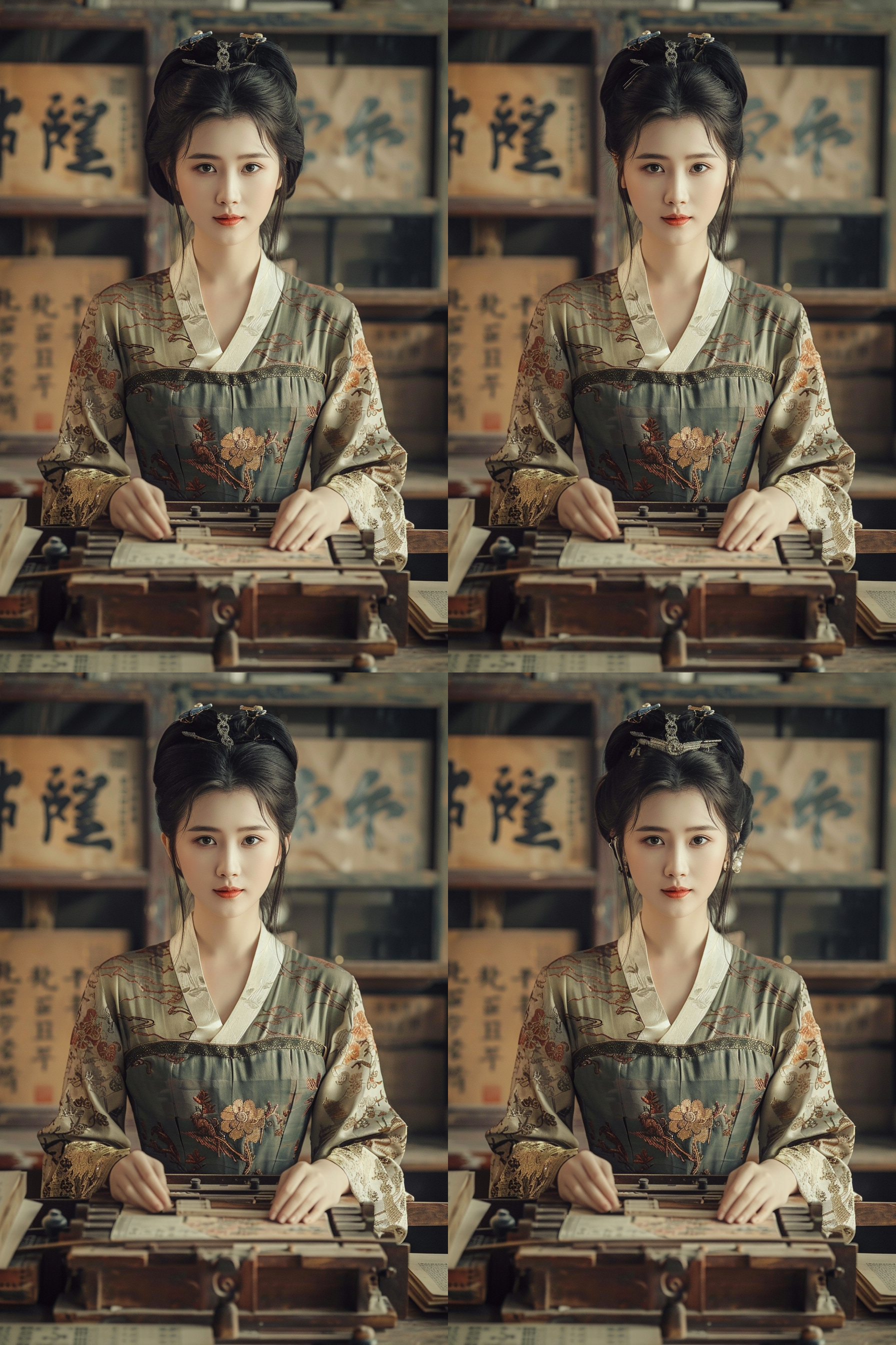 国风十八岁美女制作活版印刷，木刻汉字背景，古风服饰，专注表情，室内自然光，中景，柔和色调，木质纹理，传统工艺，手势细腻，文化传承，自然光，中景，柔和色调，木质纹理，传统工艺，手势细腻，文化传承。 电影风格