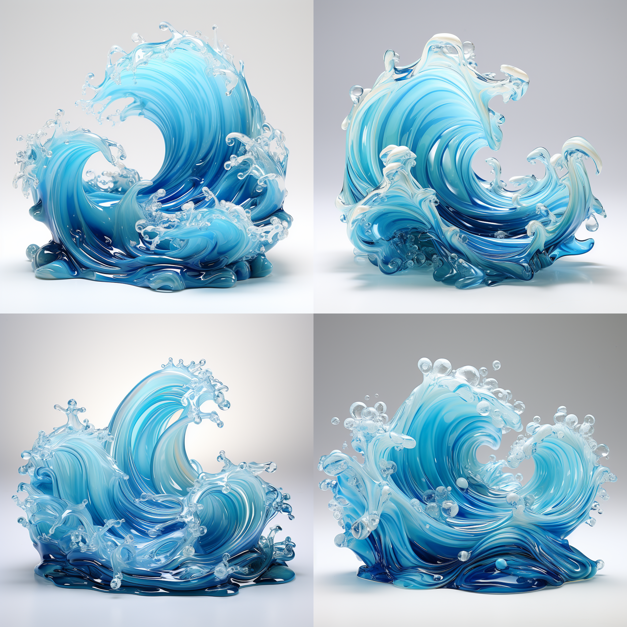 白色背景，泡泡玛特风格，潮玩，侧面，3d盲盒，海浪，浪花，模型，ip，光泽材质，干净背景，最佳画质，c4d blander,8k，16k，超清晰细节 模型摄影，正面构图，明亮色彩，生动表情，细节丰富，数字艺术，创意设计，蓝色海浪，干净背景，