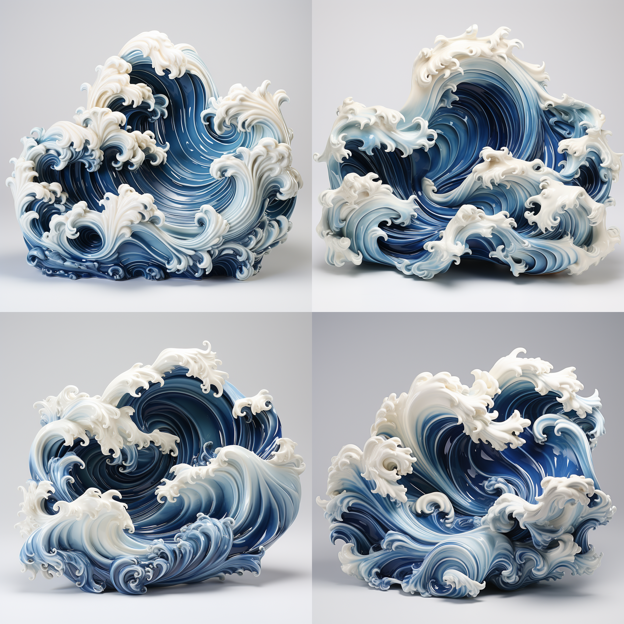白色背景，泡泡玛特风格，潮玩，侧面，3d盲盒，海浪，浪花，模型，ip，光泽材质，干净背景，最佳画质，c4d blander,8k，16k，超清晰细节 模型摄影，正面构图，明亮色彩，生动表情，细节丰富，数字艺术，创意设计，蓝色海浪，干净背景，