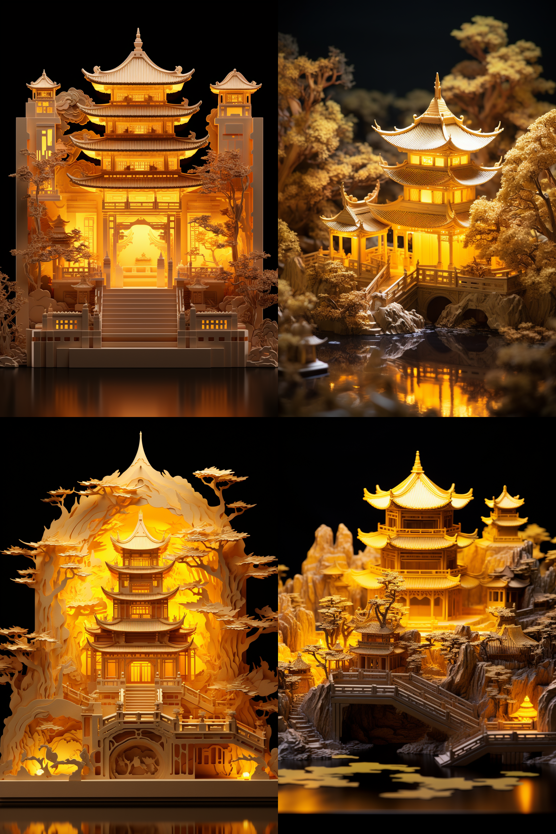 翻开的卷轴，立体的中国古典建筑，黄色灯光，折纸，立体浮雕风格，逼真细节，玉石雕刻，高清8k，微缩景观，高细节
