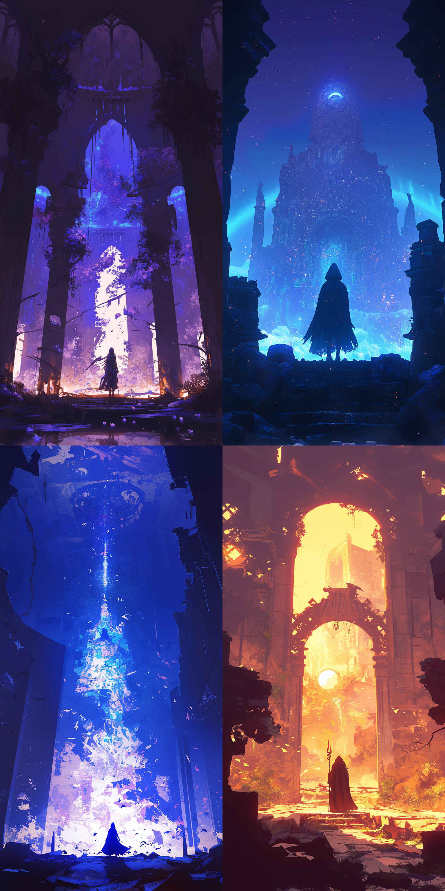 禁忌之地，神秘氛围，暗色调，废墟背景，禁忌魔法光芒，长曝光，逆光，超现实风格，魔法师背影，深邃眼神，忧郁，危险气息。