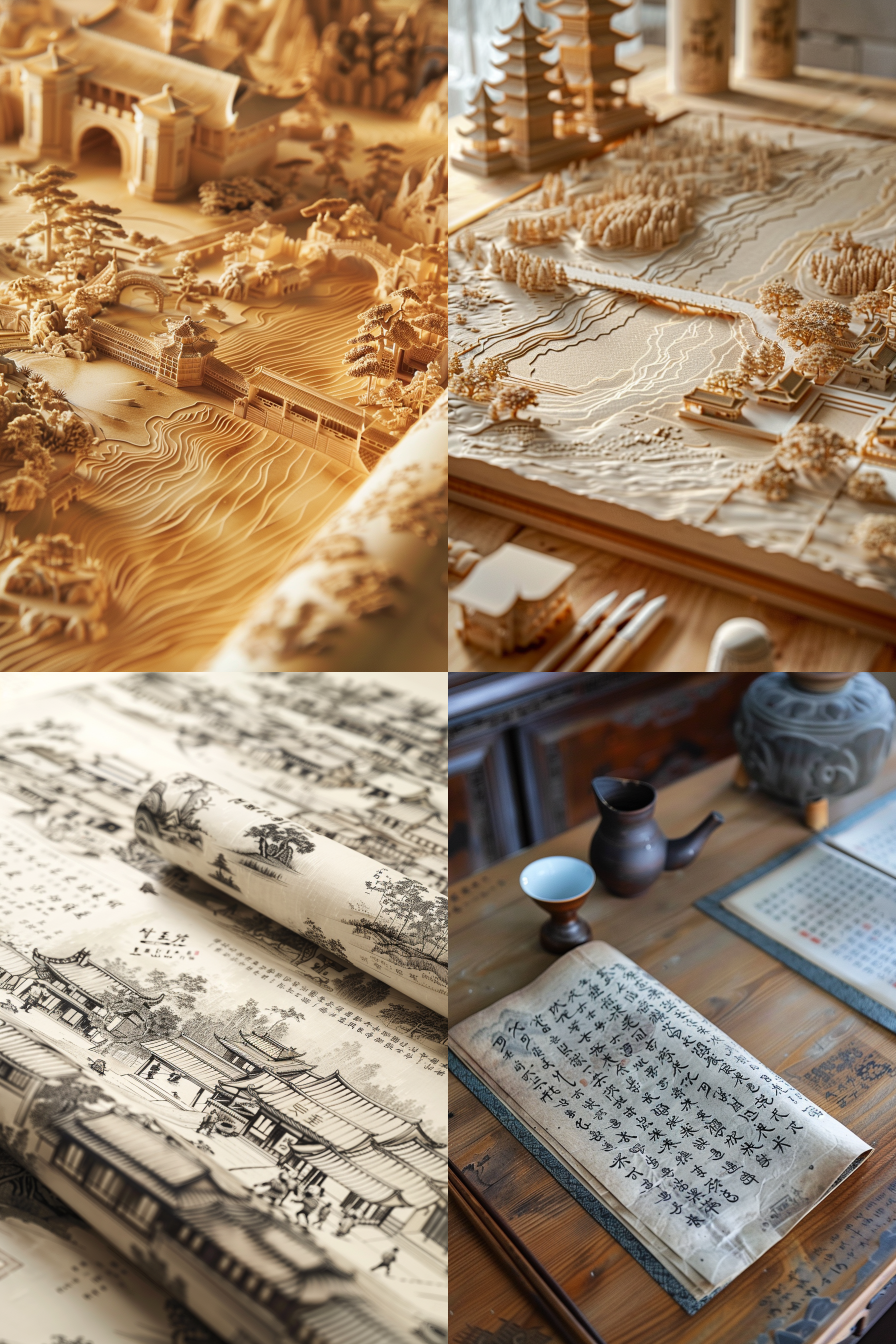 on the desk, there is an open scroll exquisitely carved with ancient characters and streets, with a slight three-dimensional effect, creating long ripples. the canvas is like silk, very soft and translucent, with complex lighting. at one end of each canvas, there is a blank space filled with calligraphy. ultra wide angle lens, high detail craftsmanship, miniature landscape, high-definition, utilizing light and shadow. it has a beige color scheme, lightbox, paper material, c4d, light background color, excellent image quality, ethereal illustrations, and a traditional chinese animation style