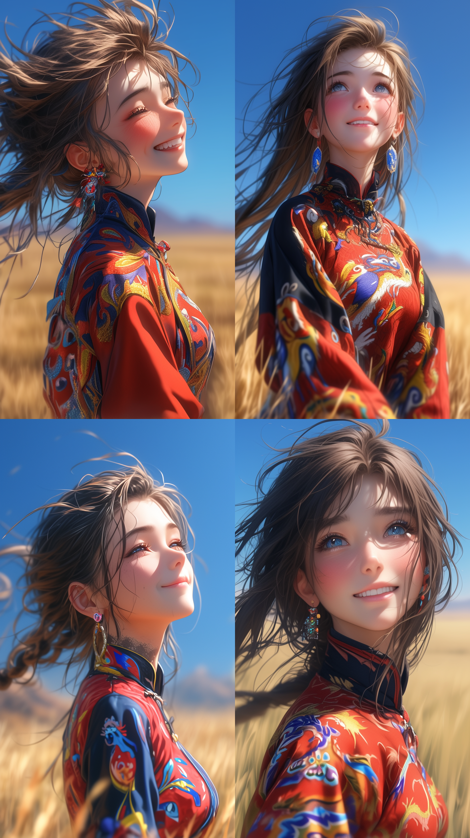 近镜头，一个25岁非常漂亮的女孩，站在绿色的草原上，面带微笑，看着天空，戴着漂亮的耳环，穿着色彩鲜艳的苗族衣服，半身照，风吹着她长长的头发，背景绿色的草原，蓝天，新海诚动画风格，超高分辨率，超高清，高细节，高质量，超高分辨率，