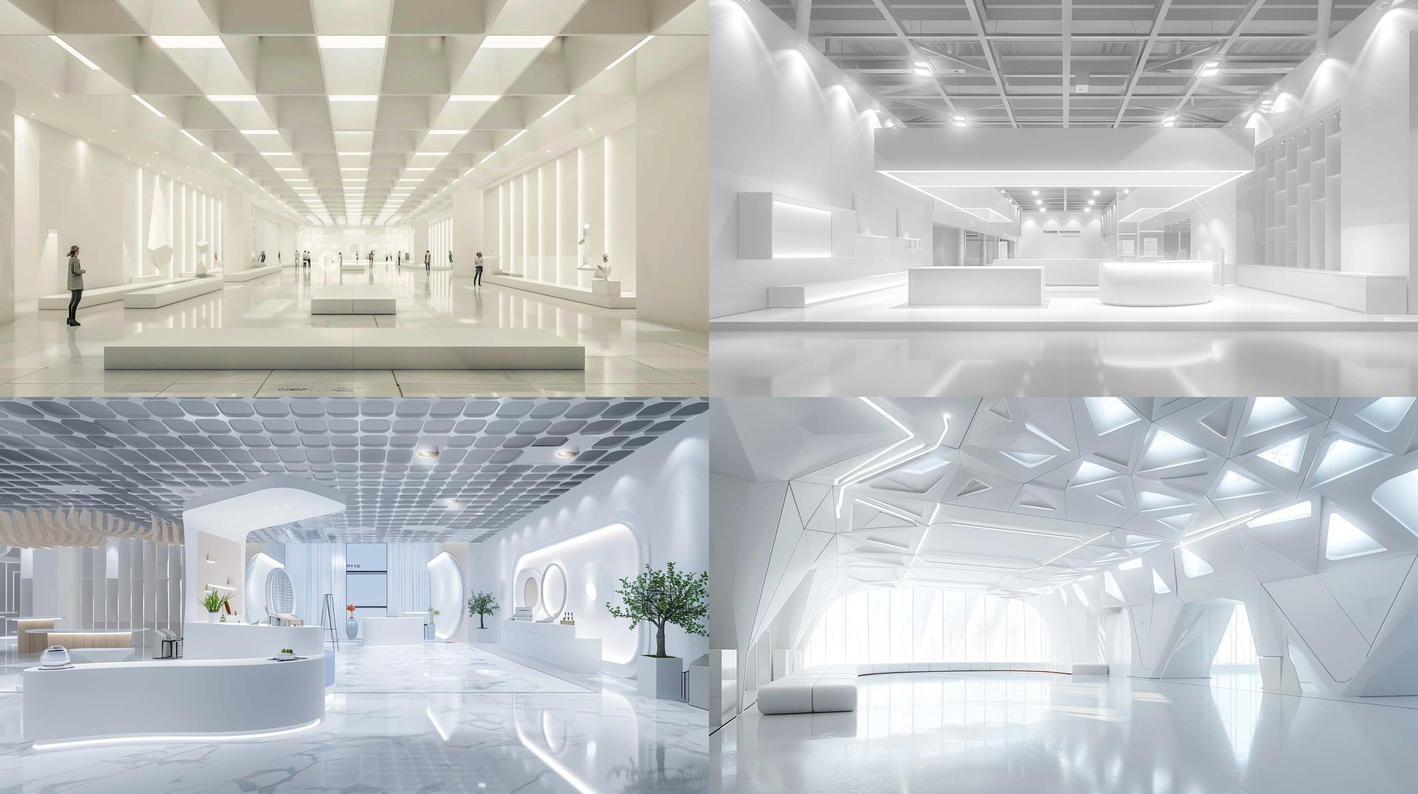 白色空间展台设计效果图，几何感强烈棚顶，高分辨率超写实主义，极简风格冷色调，宽广镜头高光细节，静态清晰冷静。