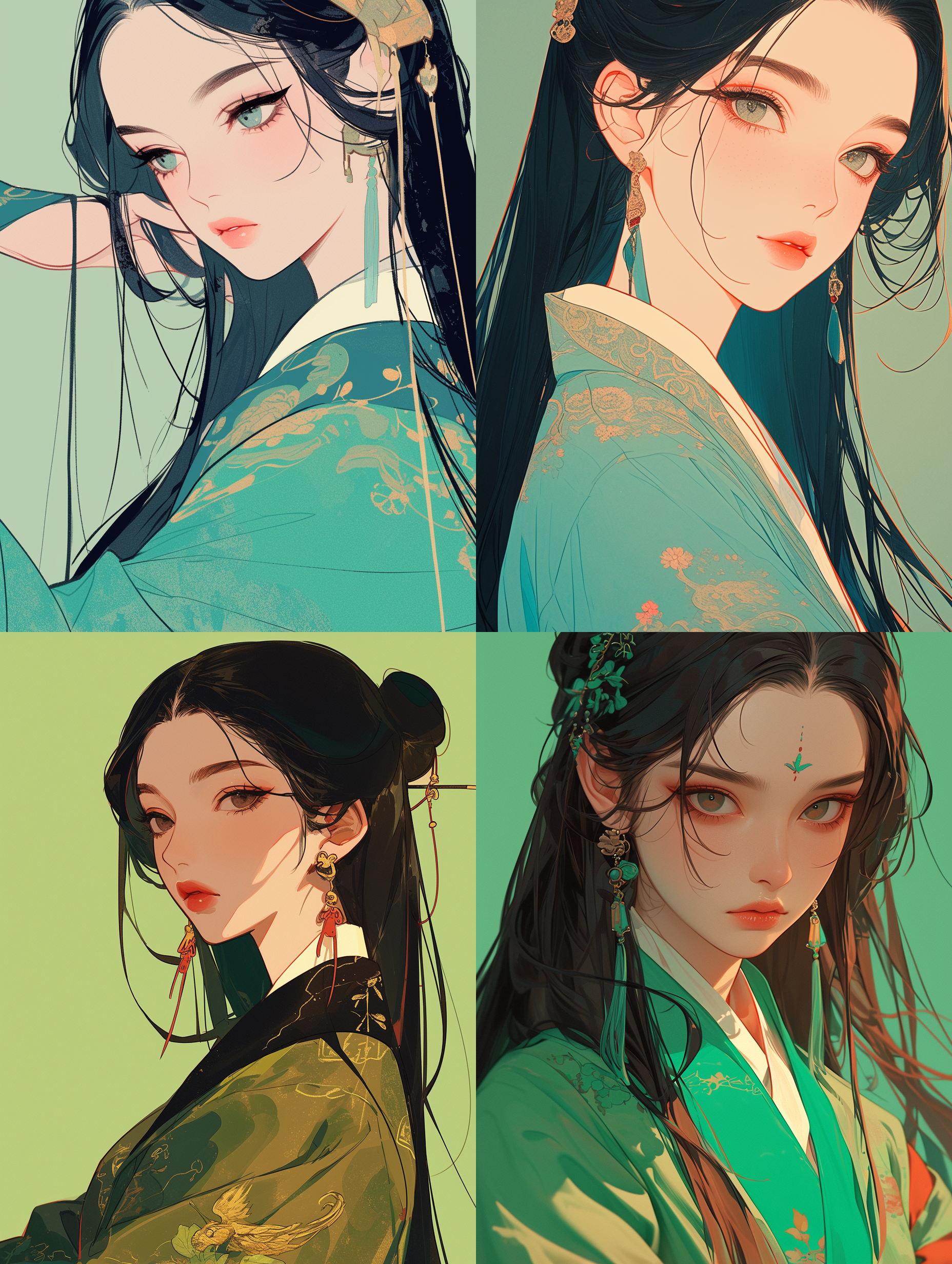 工笔画女孩，黑色长发，绿色汉服，珠宝纠结，圆脸，极简主义，几何形状，哑光浅绿背景，新流行插图风格，动画gif，dolly kei，卡通人物，特写头部，粗体卡通石版画，看镜头，细腻线条，柔和光线，静态美。