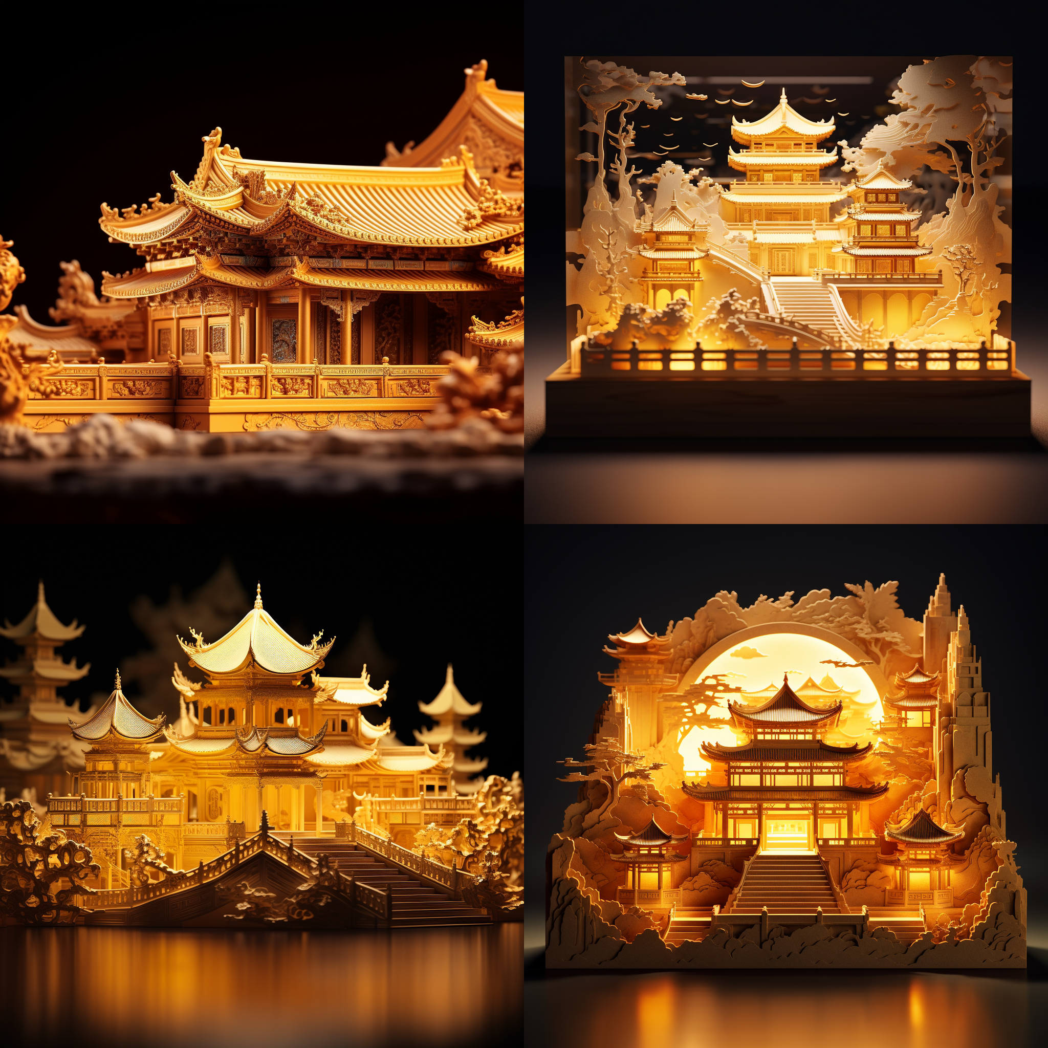 翻开的卷轴，立体的中国古典建筑，黄色灯光，折纸，立体浮雕风格，逼真细节，玉石雕刻，高清8k，移轴摄影，高细节