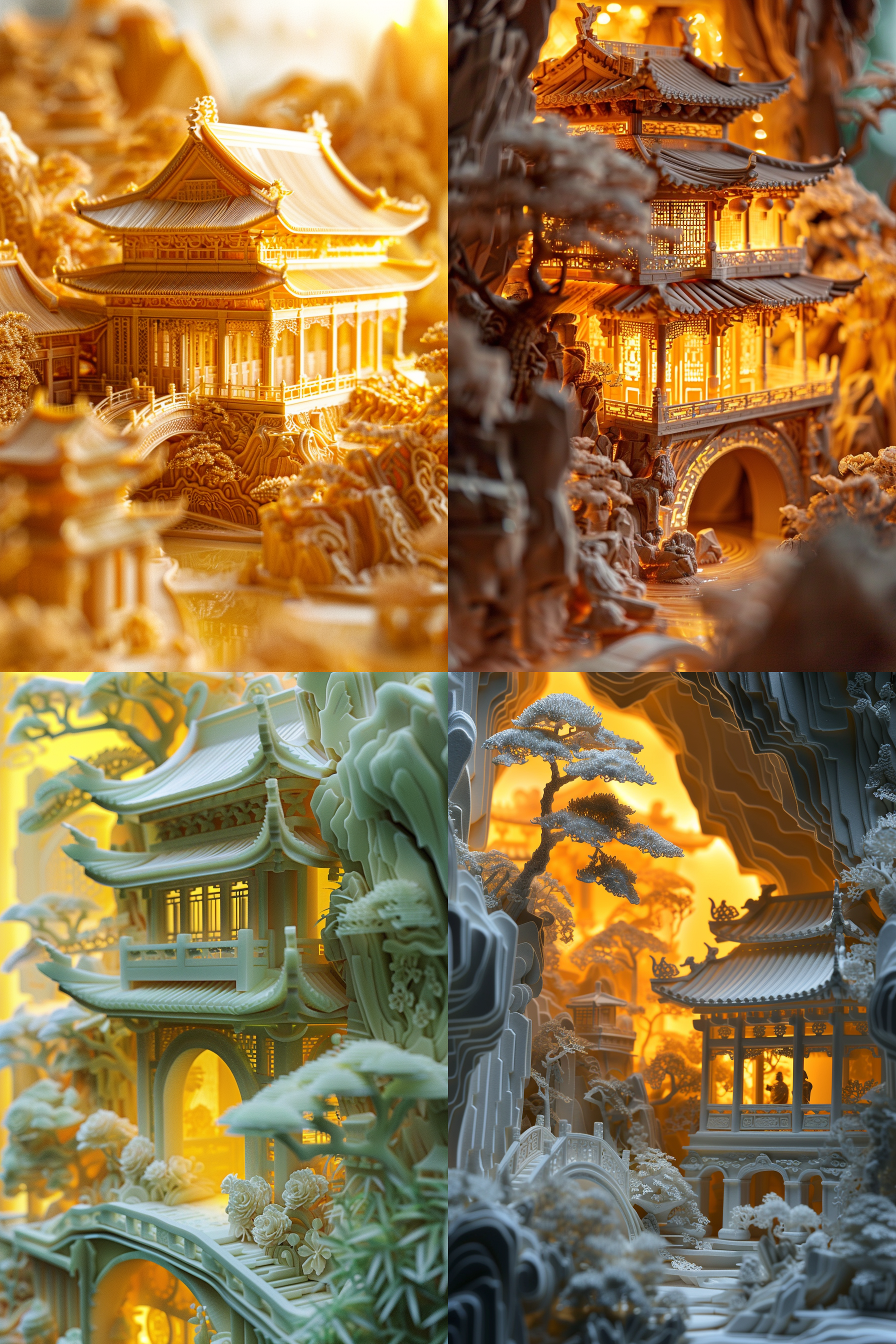 翻开的卷轴，立体的中国古典建筑，黄色灯光，折纸，立体浮雕风格，逼真细节，玉石雕刻，高清8k，微缩景观，高细节