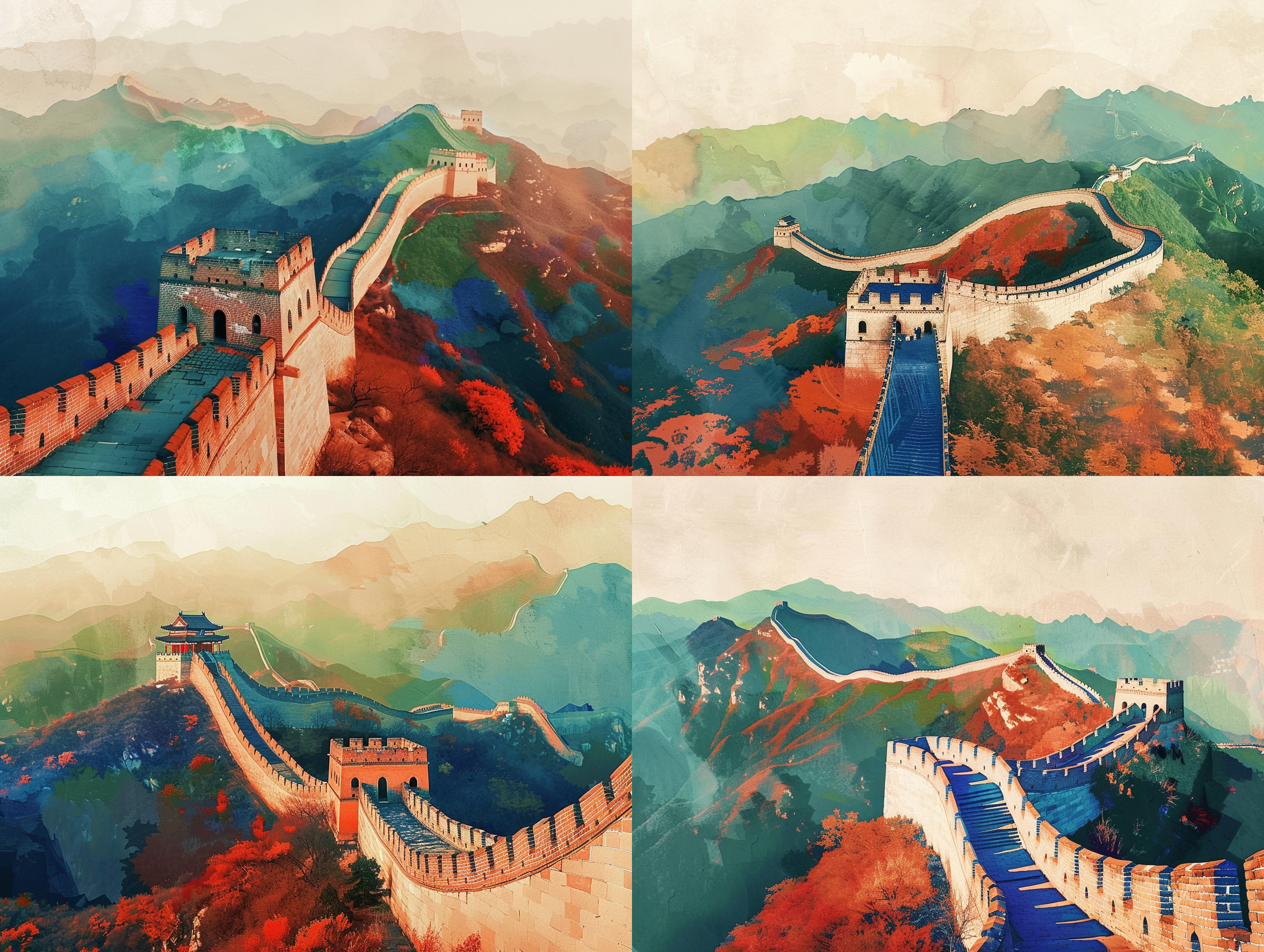 长城蜿蜒，飞机俯视，油画风格，抽象艺术，丰富色彩，俯瞰视角，长焦镜头，光影对比，线条流动，色彩斑斓，历史厚重。