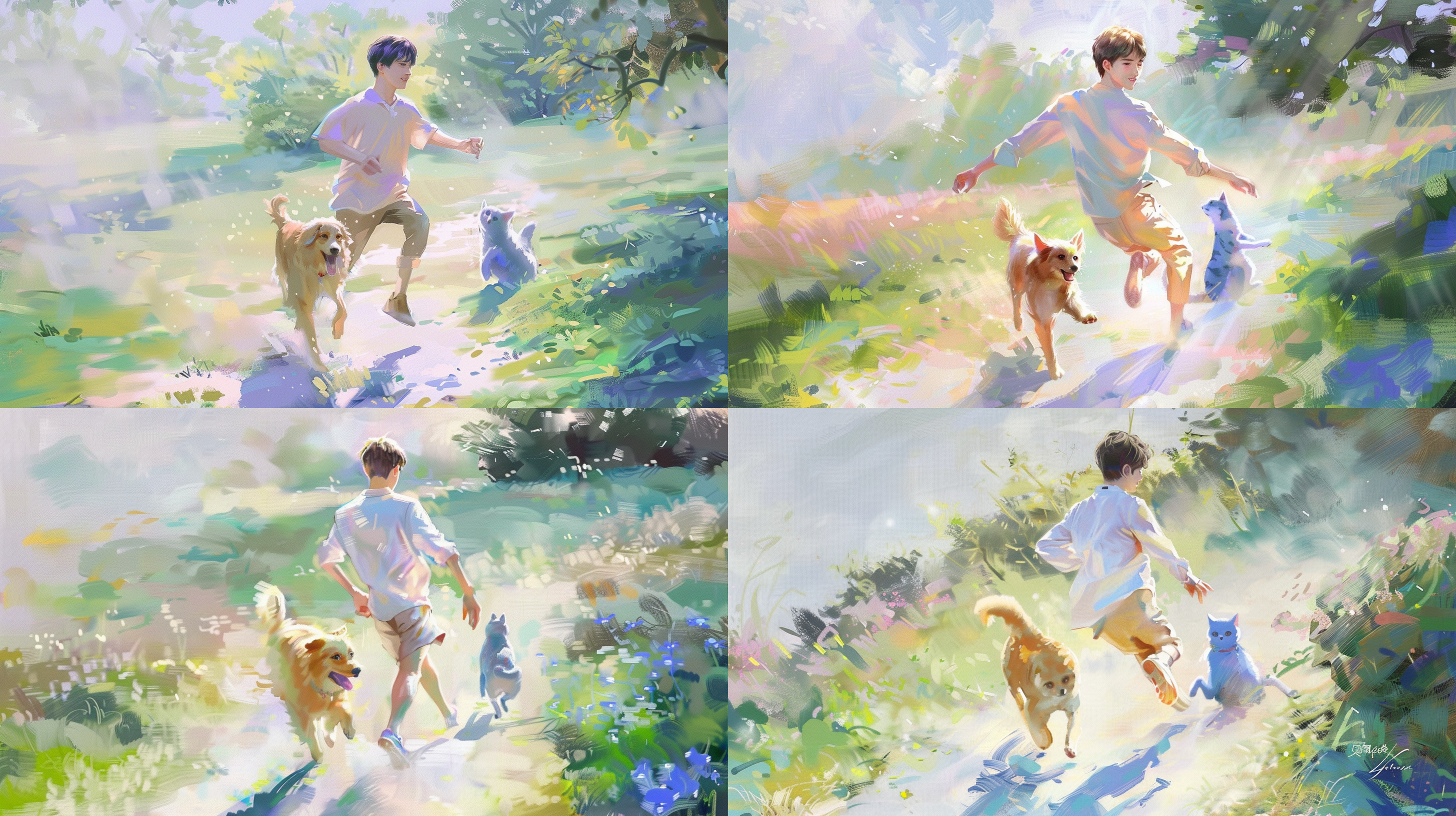请画一副莫奈花园风格的画，这幅画中，一个20岁左右的男生正在奋力向天边跑远的背影，他的身影在阳光下显得充满活力。而在他的身旁，一只金毛狗狗欢快地跟随着他的脚步，尾巴摇摆，仿佛在与他一同分享奔跑的快乐。他们一同向天边跑远。同时，一只英短蓝猫则优雅地坐在一旁，蓝色的毛发在阳光下闪着迷人的光芒，它的目光紧紧追随着奔跑的男生和金毛狗狗，仿佛也在为他们加油打气。男生，金毛和英短一起 奔向美好未来，人物奔跑，开阔田野，日出背景，逆光，长焦镜头，动态模糊，希望，温暖色调，积极向上 莫奈 开心