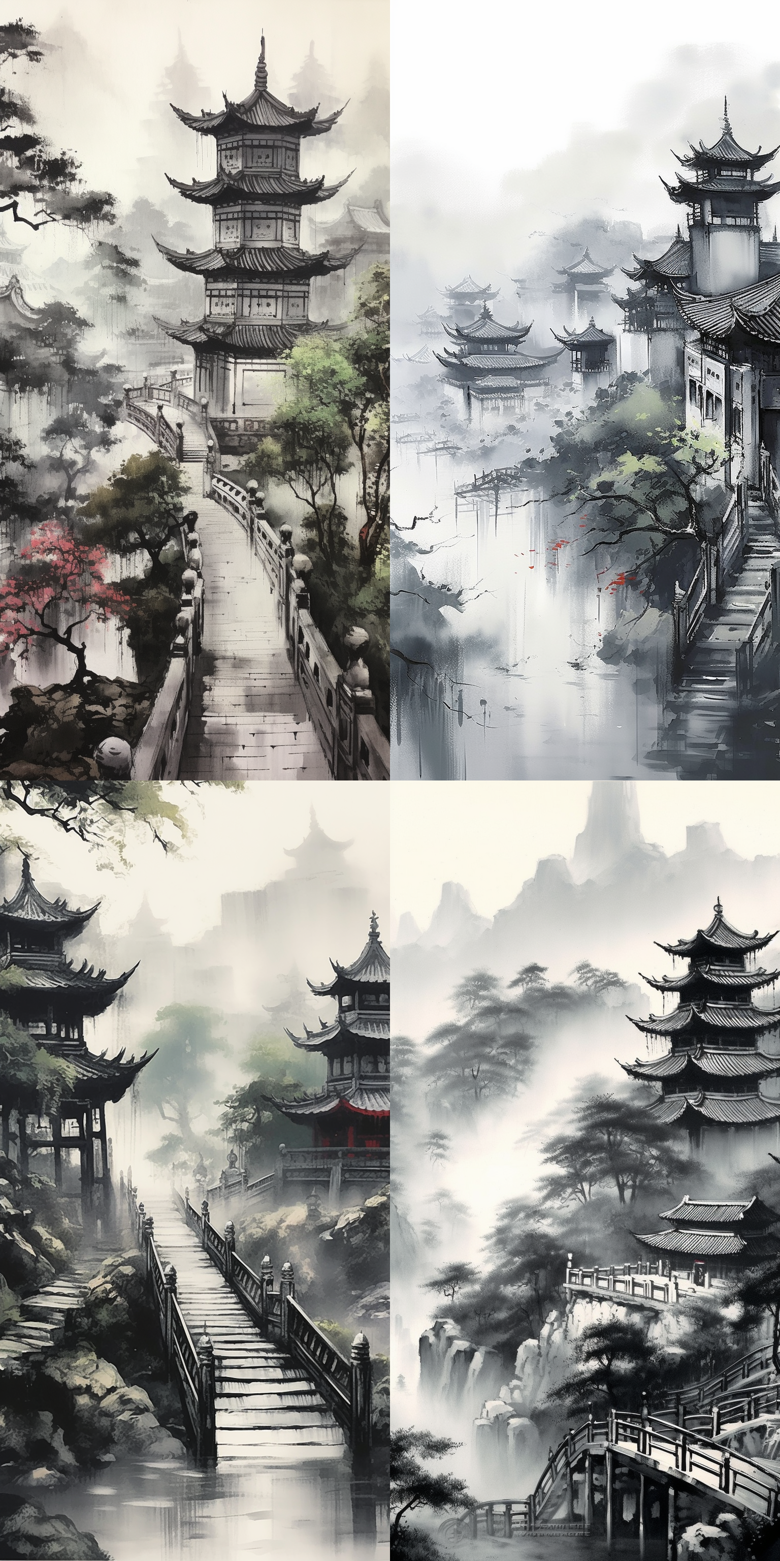 中国传统泼墨山水风格，雨中的江南大地，一片烟雨朦胧，仿佛南朝四百八十寺，多少楼台烟雨中， 超广角