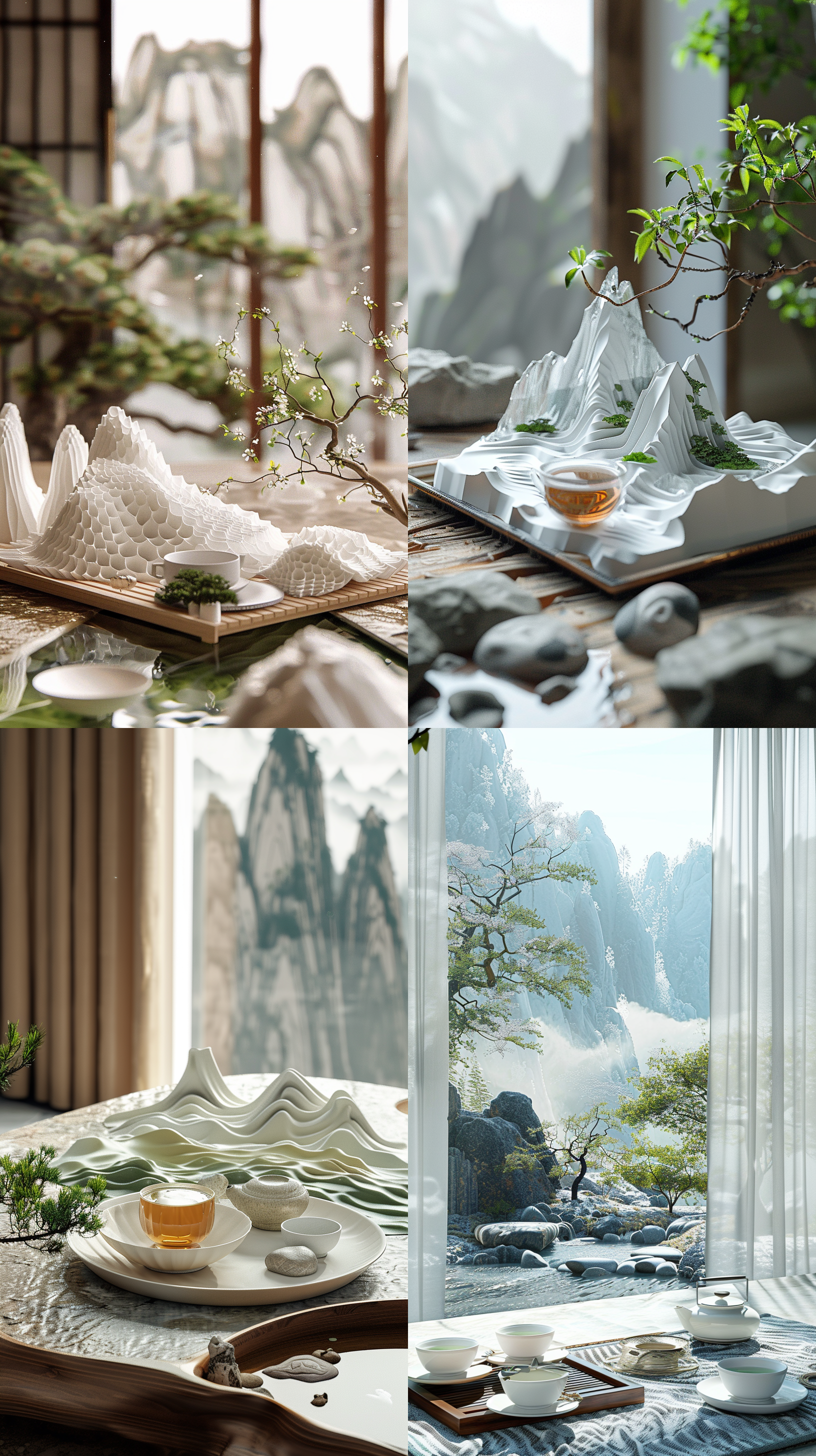 包装渲染，中国风，折纸层次，河流，山川，白绿配色，放在桌子上，后边中风元素，茶盘，假山，自然光，c4d，oc，高清渲染