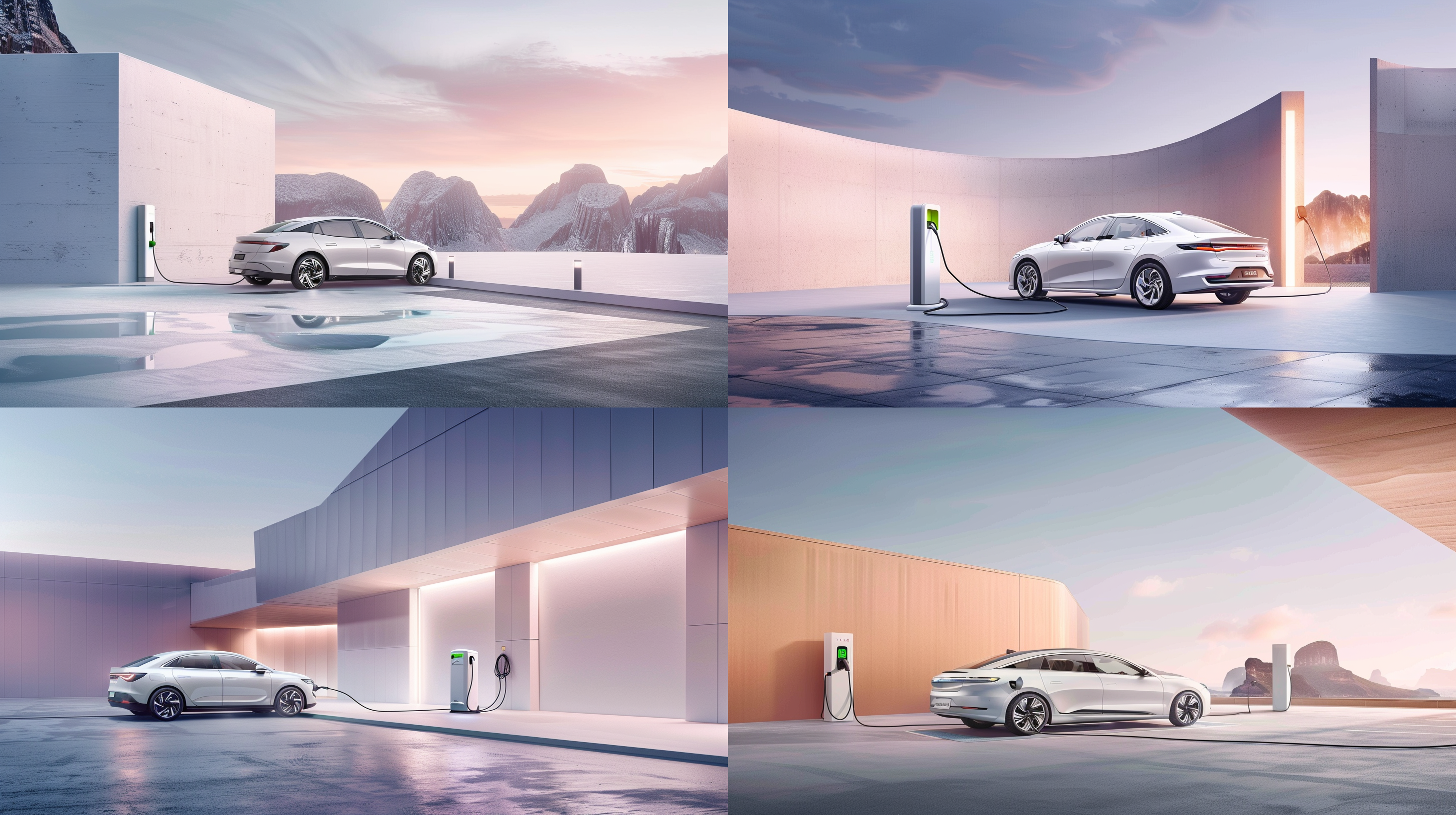 新能源车充电，充电桩细节，科技感，长曝光，静谧，未来感，暖色调，高光细节，环境光，动态模糊。 三维 全景 外星地貌 白金 沙漠 柔粉 粉白