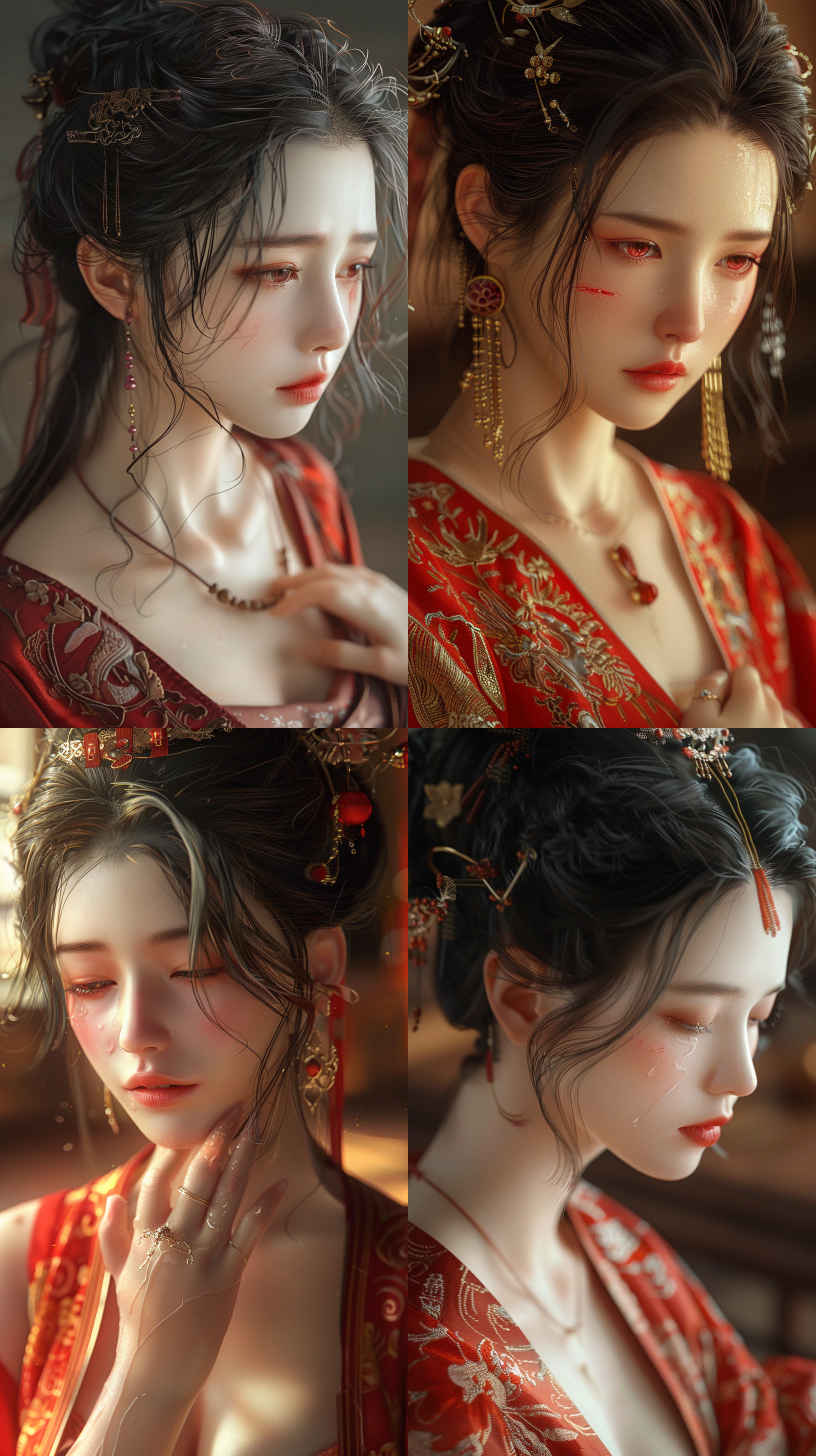 中国古风宫廷，华贵室内，红色汉服美人哭泣，受伤黑发红瞳，身材饱满面容娇美，被手勾下巴，全景，传统文化插画，细节丰富情节性强，暖色调，侧光，特写镜头，柔和光线，悲伤表情，丝绸质感，金饰点缀。