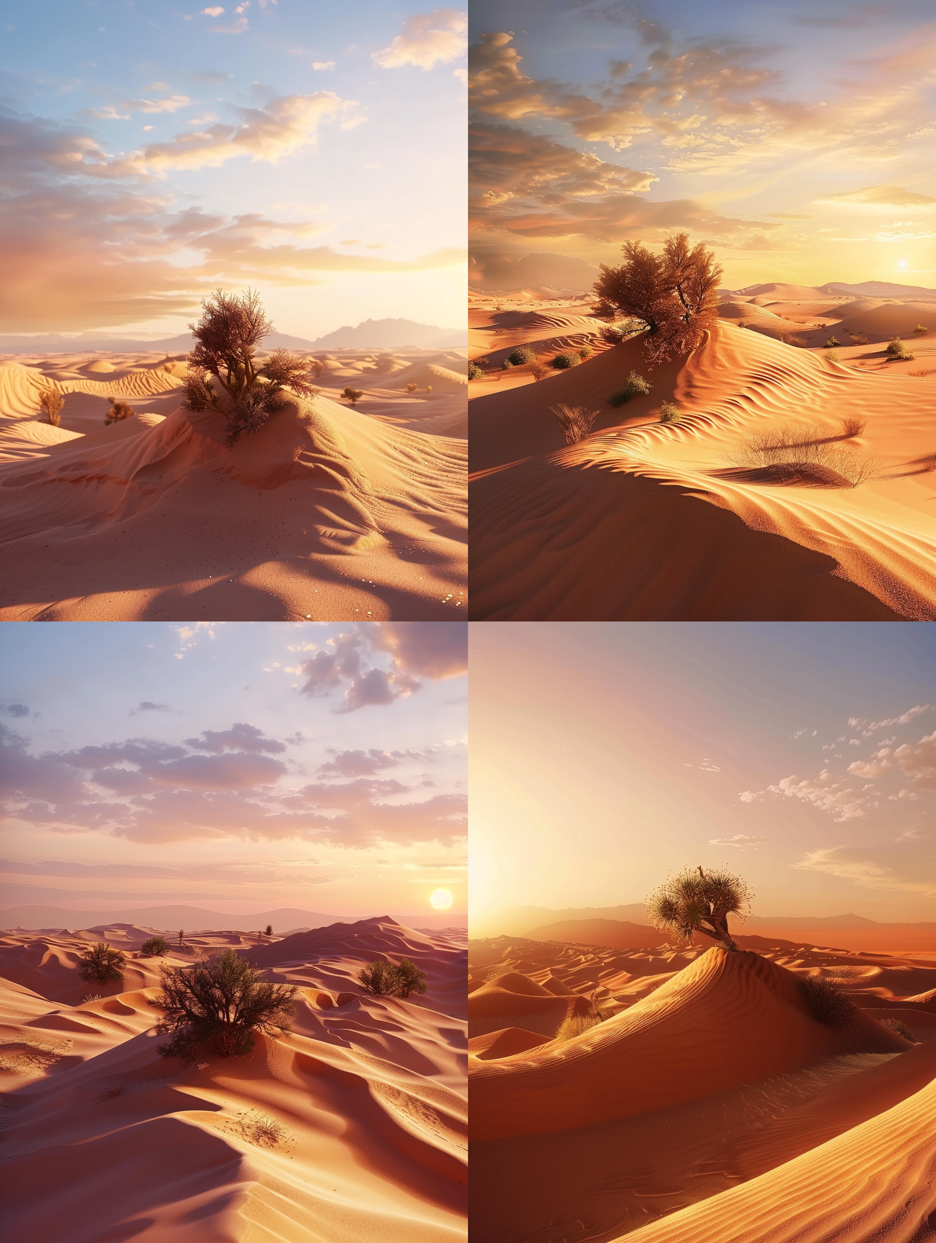 荒凉沙漠背景，居中构图，c4d风格，oc渲染，暖光色调，沙丘起伏，低角度拍摄，广角镜头，黄昏时分，孤独感，细节丰富。