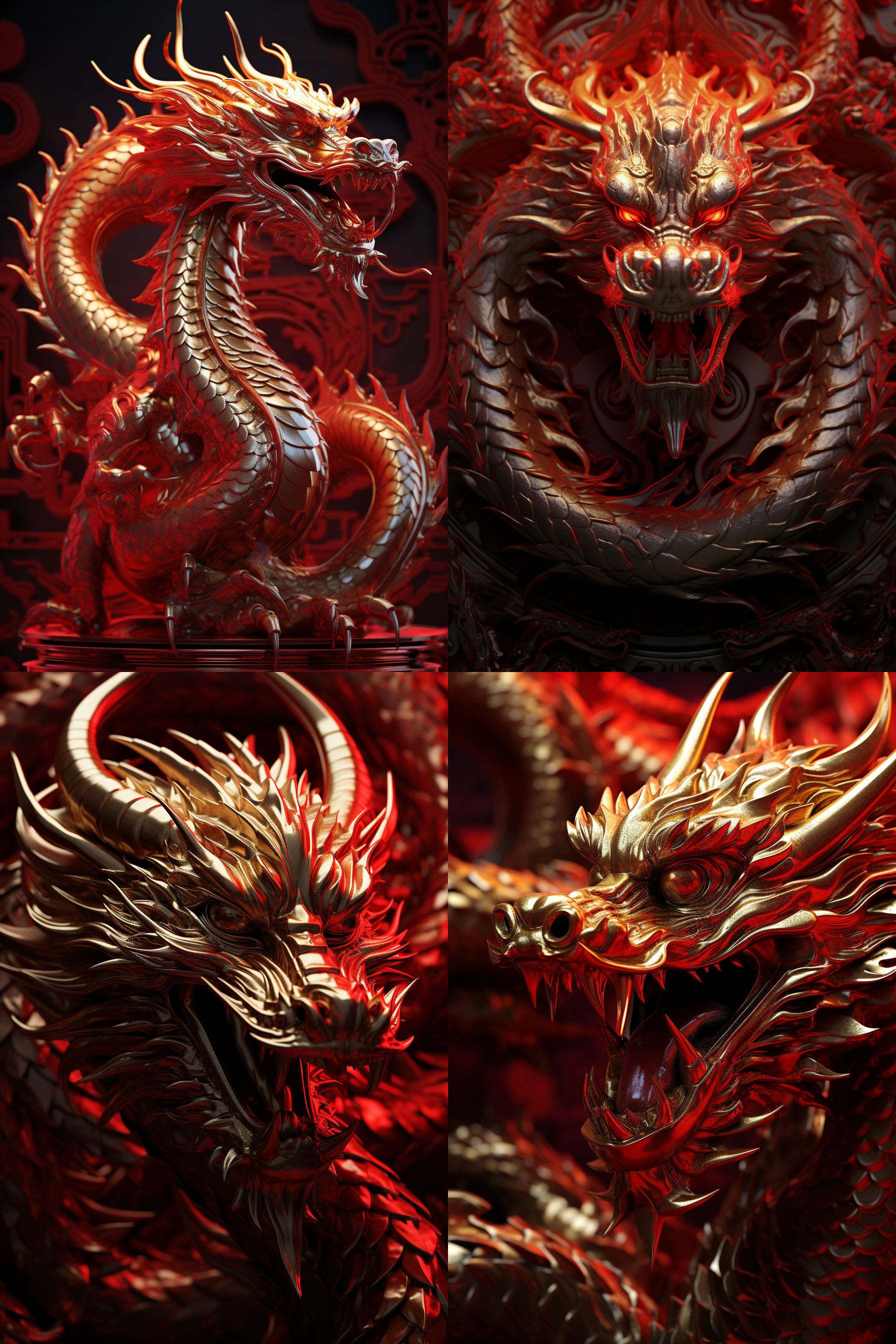 中国龙，3d立体，金属材质，完美金属光泽，史诗电影灯光，纯红背景，高清细节，动态姿态，神秘氛围，金属质感，红色调，光影对比，精致纹理。
