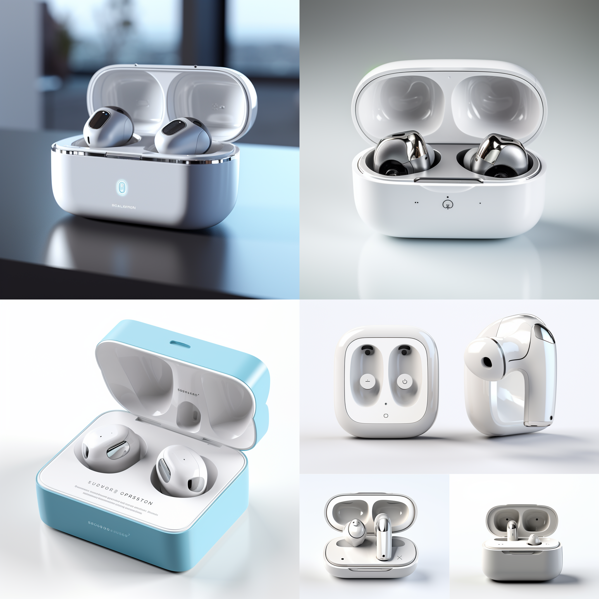 蓝牙耳机六视图，白色短柄半入耳设计，科技感强，充电仓透明，现代简约风格，正面、侧面、背面等角度展示，高光细节，冷色调，微距镜头，均匀光线，产品摄影，清晰质感。