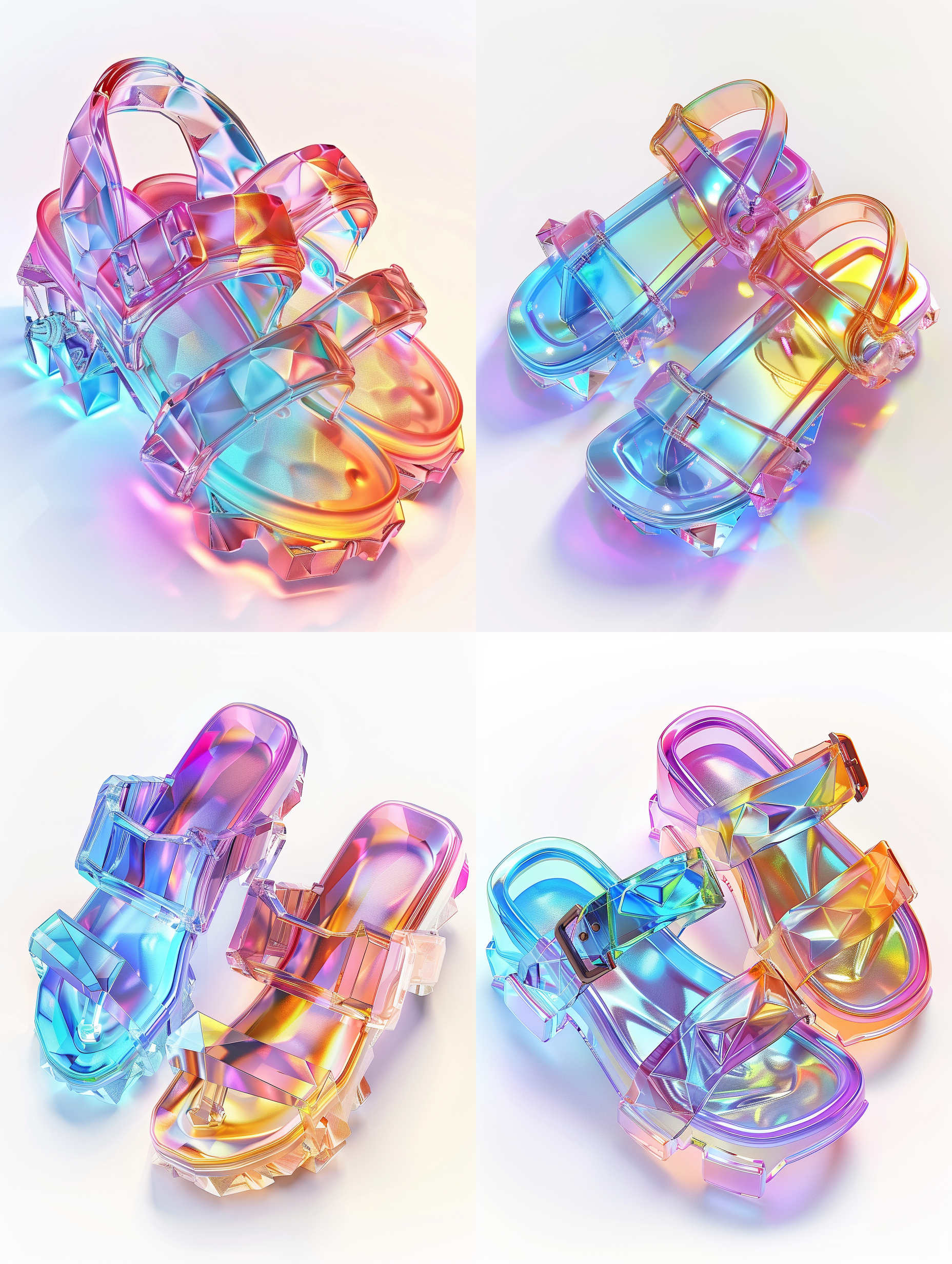 水晶凉鞋图标设计，梯度彩色玻璃结构，纯白背景，自然光照射，半透明质感，梦幻氛围，水晶纹理细腻，卡通风格，发光边缘，简化细节，极光朋克元素，极简构图，数字插图，c4d渲染，3d搅拌机制作，工作室灯光，高清晰度，oc渲染器，8k分辨率。