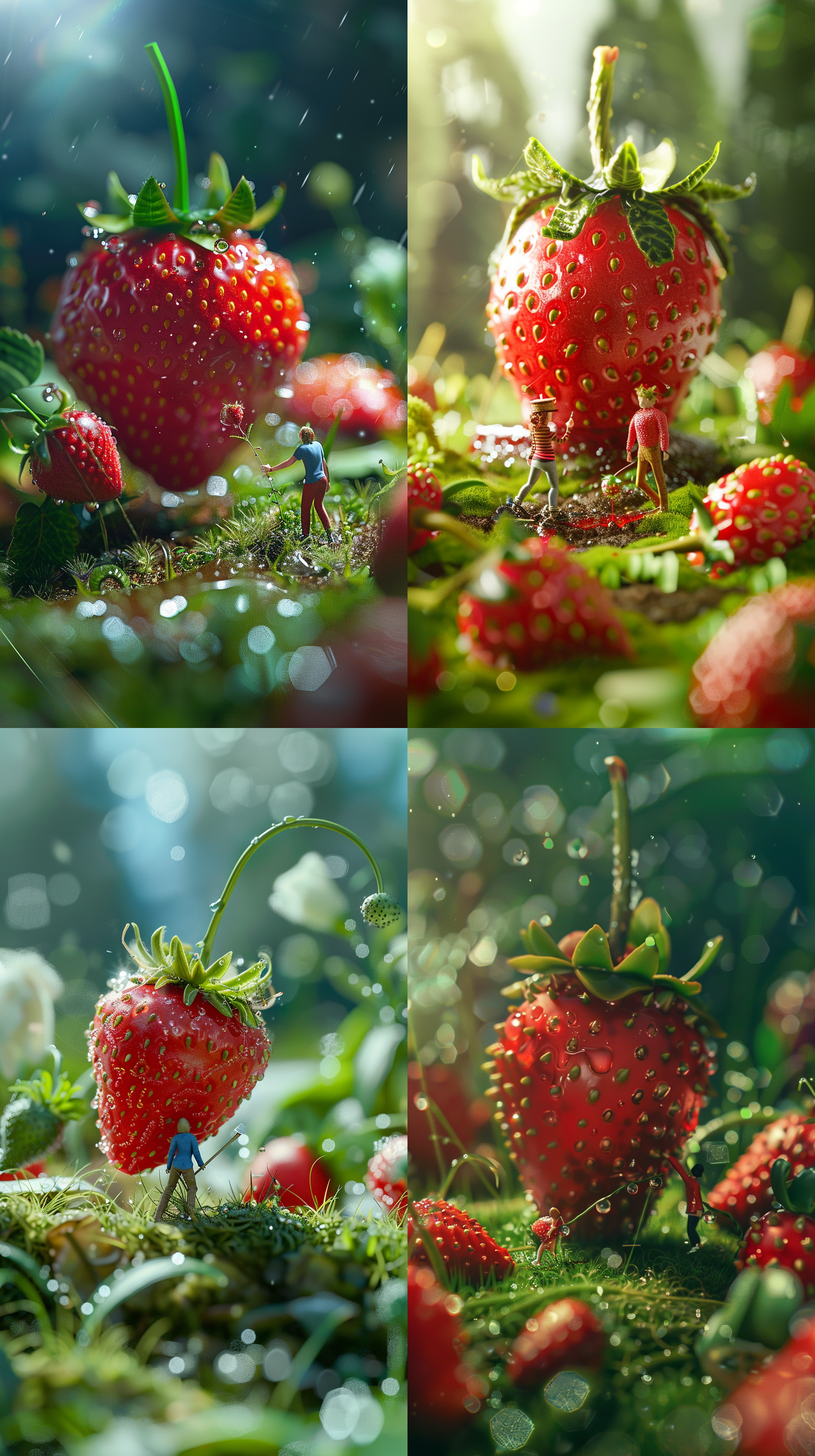 miniature, surreal fashion photography style, miniature statue in strawberry, there is a large main strawberry in the middle of the picture, there are several small strawberries around, someone is fertilizing the strawberry, pulling grass, there is dew on the strawberry, very fresh, innovative page design, detailed character illustration, light background, unreal engine