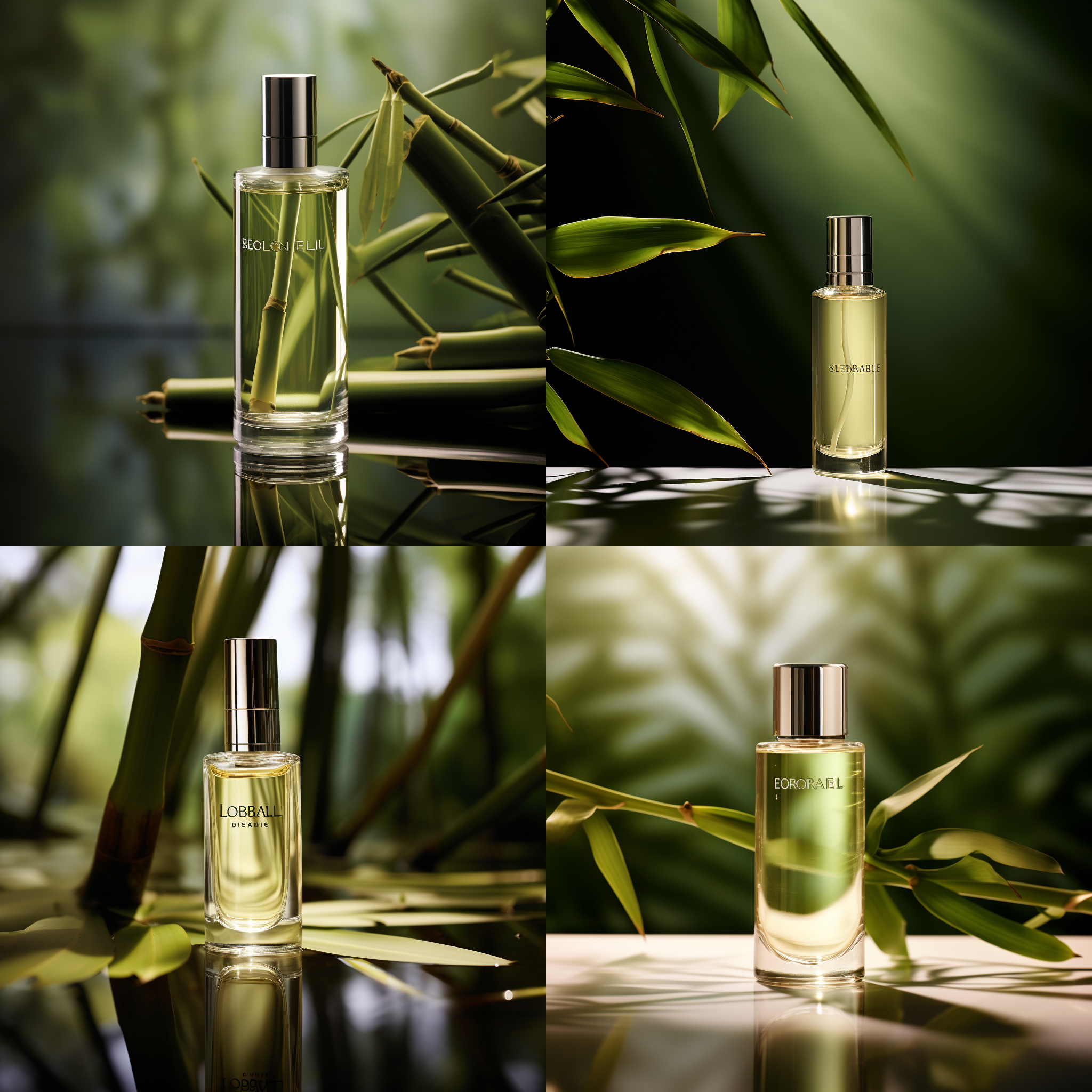 商业海报，一瓶欧莱雅放在树枝上，背后是翠竹，极简主义，柔和的光线，柔和的阴影，玻璃折射，专业摄影，微距，原始脆弱，超高的分辨率，细节