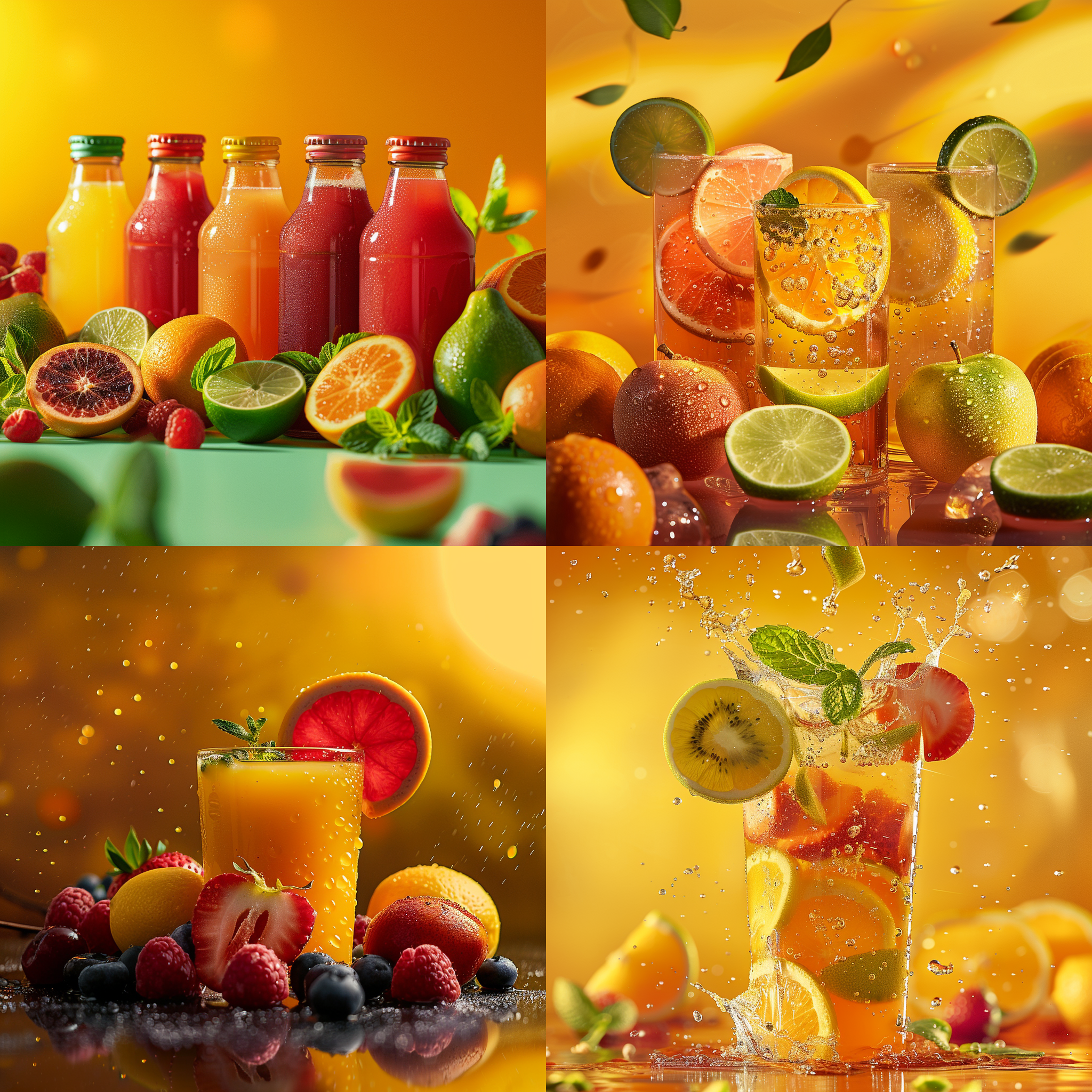 果味饮料包装摄影，海报效果，果汁背景，光线柔和，正面拍摄，饱和色彩，特写镜头，自然光，静物，清新，诱人。