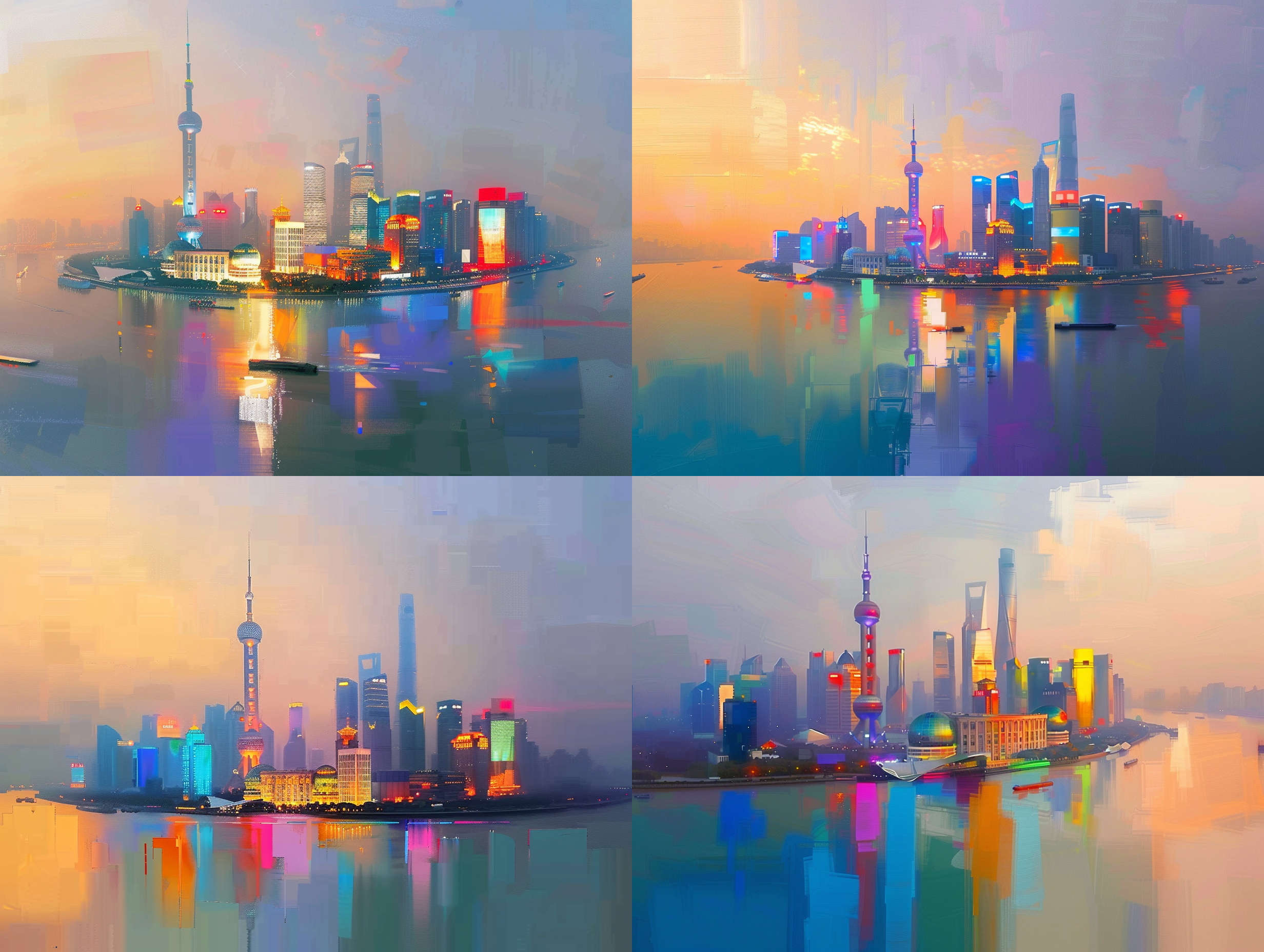 上海俯视，油画风格，抽象艺术，城市天际线，俯瞰视角，色彩斑斓，长焦镜头，柔和光线，抽象表现，线条流动，情感深邃。