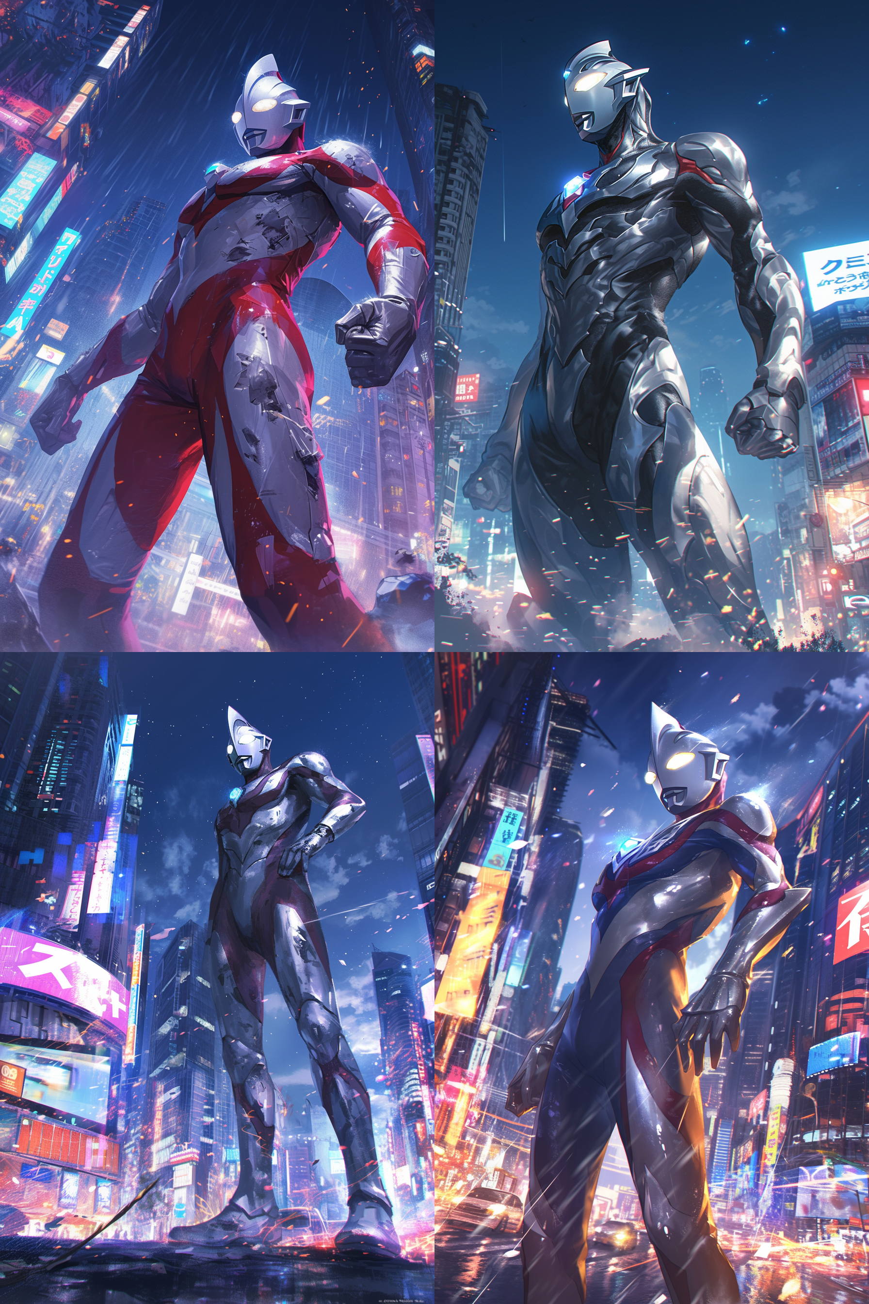 迪迦奥特曼站在城市街道上，凝视远方，夜晚景象，城市霓虹灯光环绕，天空星光璀璨。奥特曼穿着银色战甲，挺拔英姿，表情坚毅。大光圈，长焦镜头，高光反射，夜景模式，英雄主题，蓝色调，坚定。