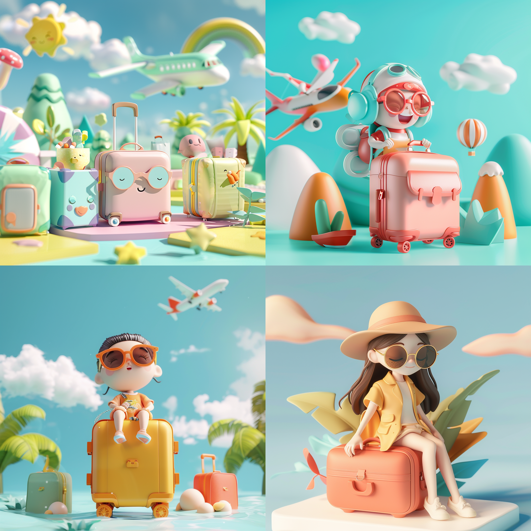 盲盒风格，泡泡玛特，夏季场景，3d，波音787，连接性，可爱，旅行广告，游牧，c4d，8k，高细节，白色背景，工作室照明，明亮色彩，微笑表情，轻便行李，阳光照射，动态捕捉。